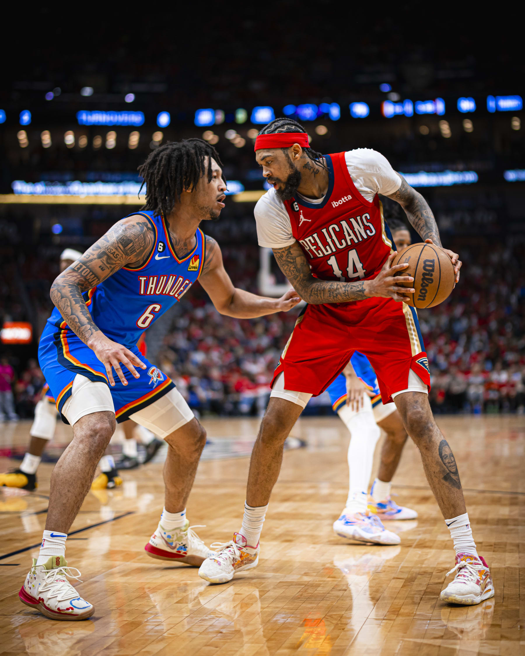 NEW ORLEANS, LA - APRIL 12:  Brandon Ingram #14 of the New Orleans Pelicans goes to the basket during the game During the 2023 Play-in Tournament on April 12, 2023 at the Smoothie King Center in New Orleans, Louisiana. NOTE TO USER: User expressly acknowledges and agrees that, by downloading and or using this Photograph, user is consenting to the terms and conditions of the Getty Images License Agreement. Mandatory Copyright Notice: Copyright 2023 NBAE (Photo by Zach Beeker/NBAE via Getty Images)