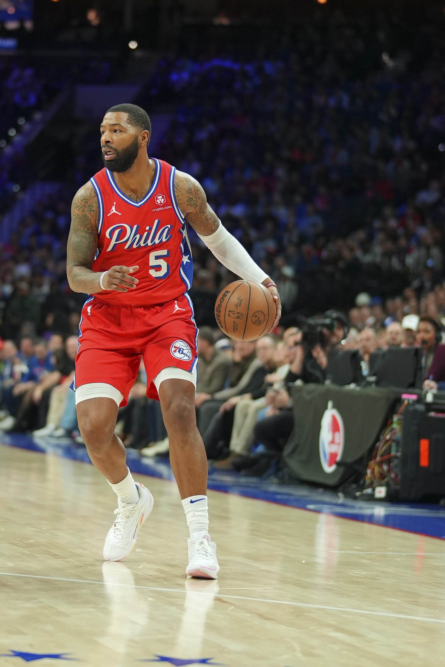 PHILADELPHIA, PENNSYLVANIA - JANUARY 12: Marcus Morris Sr. #5 of the Philadelphia 76ers dribbles the ball against the Sacramento Kings at the Wells Fargo Center on January 12, 2024 in Philadelphia, Pennsylvania. NOTE TO USER: User expressly acknowledges and agrees that, by downloading and or using this photograph, User is consenting to the terms and conditions of the Getty Images License Agreement. (Photo by Mitchell Leff/Getty Images)