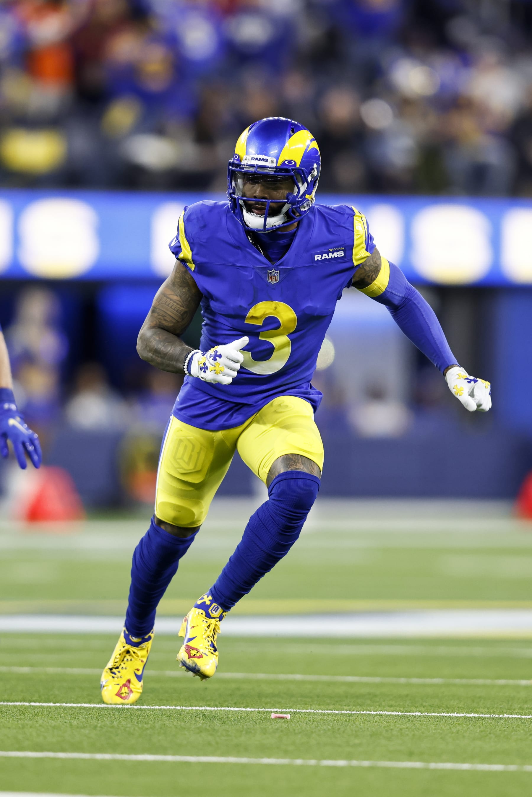 INGLEWOOD, CALIFORNIA - JANUARY 17: Odell Beckham Jr. #3 of the Los Angeles Rams runs during the NFC Wild Card against the Arizona Cardinals at SoFi Stadium on January 17, 2022 in Inglewood, California. The Rams won 34-11. (Photo by Michael Owens/Getty Images)