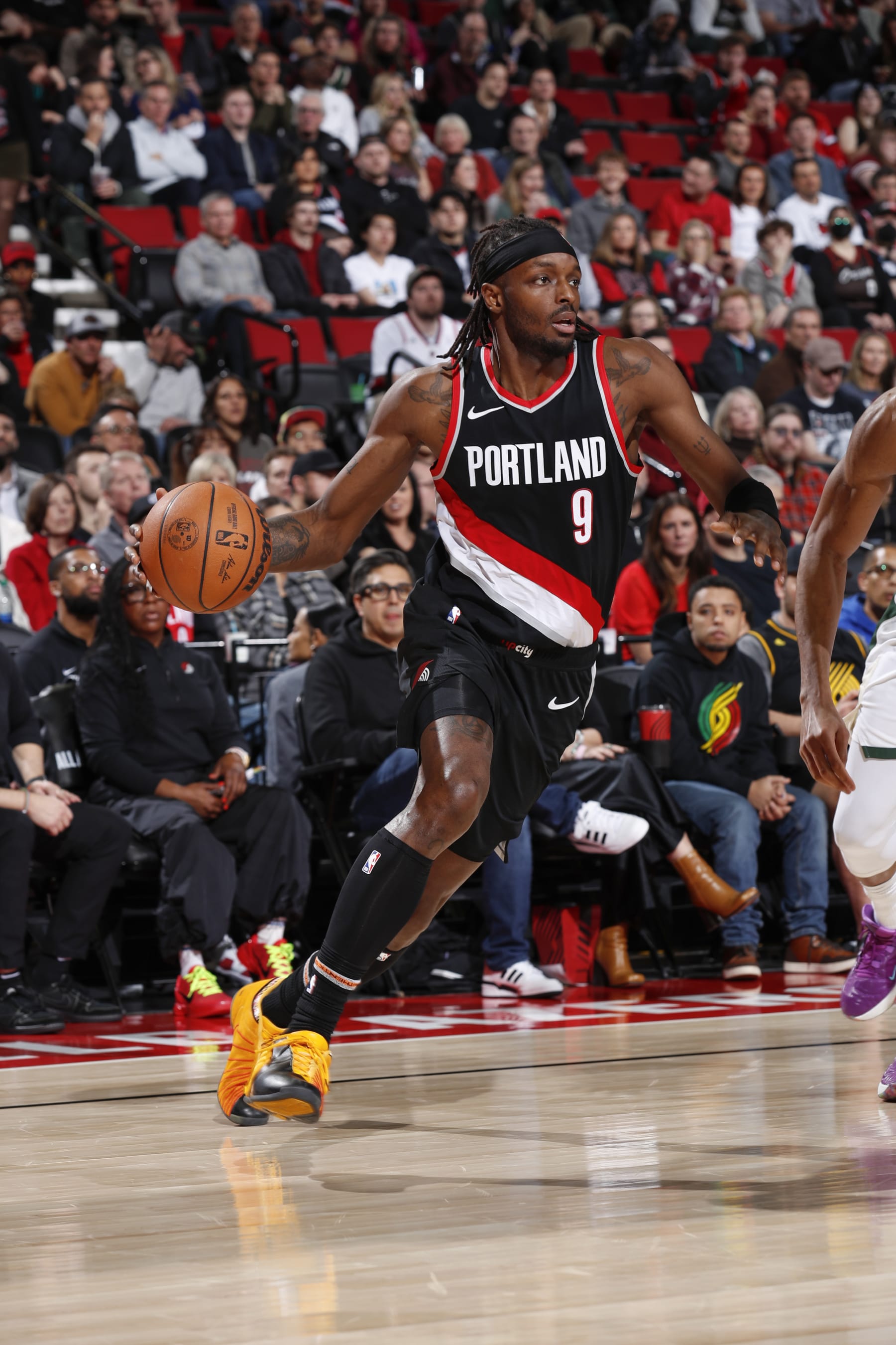 PORTLAND, OR - JANUARY 31:  Jerami Grant #9 of the Portland Trail Blazers handles the ball during the game  on January 31, 2024 at the Moda Center Arena in Portland, Oregon. NOTE TO USER: User expressly acknowledges and agrees that, by downloading and or using this photograph, user is consenting to the terms and conditions of the Getty Images License Agreement. Mandatory Copyright Notice: Copyright 2024 NBAE (Photo by Cameron Browne/NBAE via Getty Images)