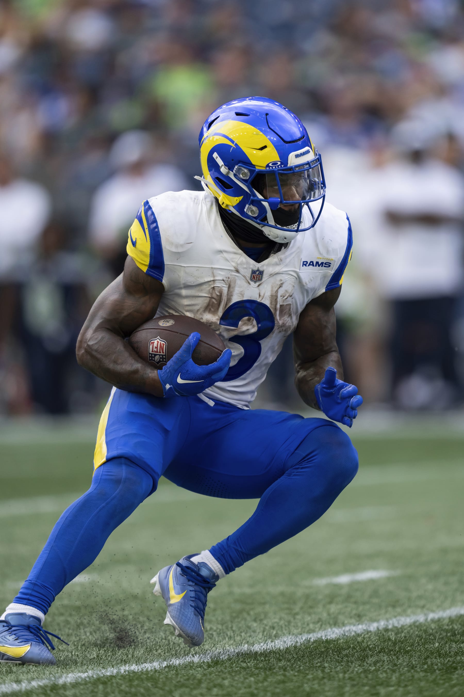 Los Angeles Rams running back Cam Akers (3) runs with the ball during an NFL football game against the Seattle Seahawks, Sunday, Sept. 10, 2023 in Seattle. The Rams won 30-13. (AP Photo/Ben VanHouten)