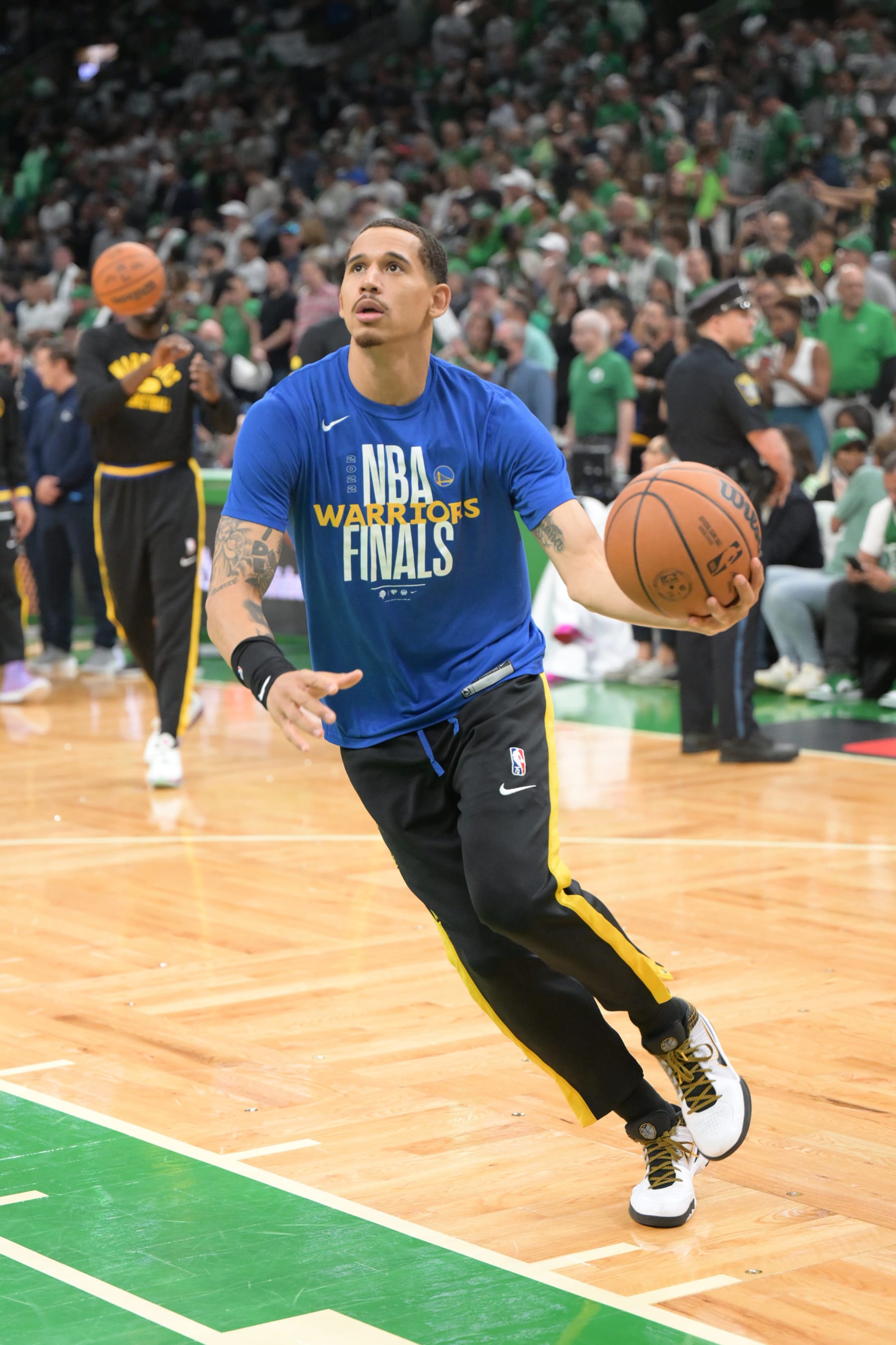 BOSTON, MA - JUNE 10:  Juan Toscano-Anderson #95 of the Golden State Warriors warms up before the game against the Boston Celtics prior to Game Four of the 2022 NBA Finals on June 10, 2022 at the TD Garden in Boston, Massachusetts. NOTE TO USER: User expressly acknowledges and agrees that, by downloading and or using this photograph, User is consenting to the terms and conditions of the Getty Images License Agreement. Mandatory Copyright Notice: Copyright 2022 NBAE (Photo by Annette Grant/NBAE via Getty Images)