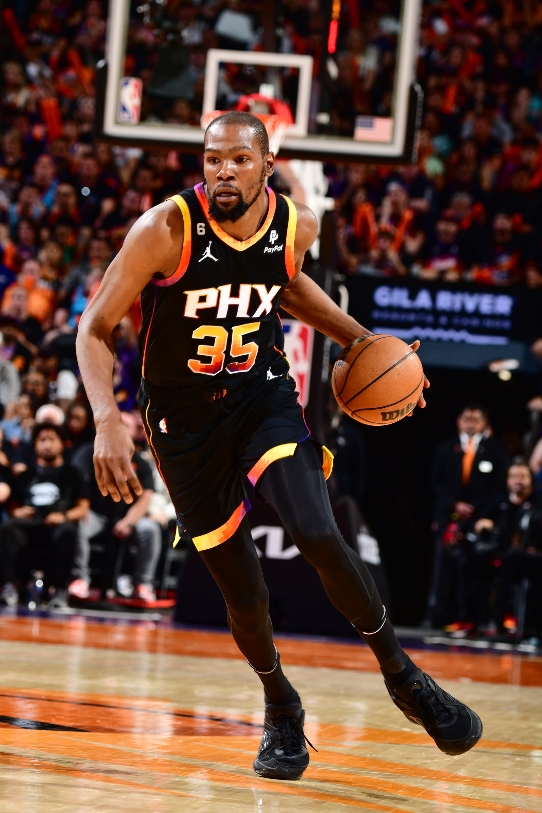 PHOENIX, AZ - APRIL 16:  Kevin Durant #35 of the Phoenix Suns goes to the basket during the game During round one game one of the 2023 NBA Playoffs on April 16, 2023 at Footprint Center in Phoenix, Arizona. NOTE TO USER: User expressly acknowledges and agrees that, by downloading and or using this photograph, user is consenting to the terms and conditions of the Getty Images License Agreement. Mandatory Copyright Notice: Copyright 2023 NBAE (Photo by Barry Gossage/NBAE via Getty Images)