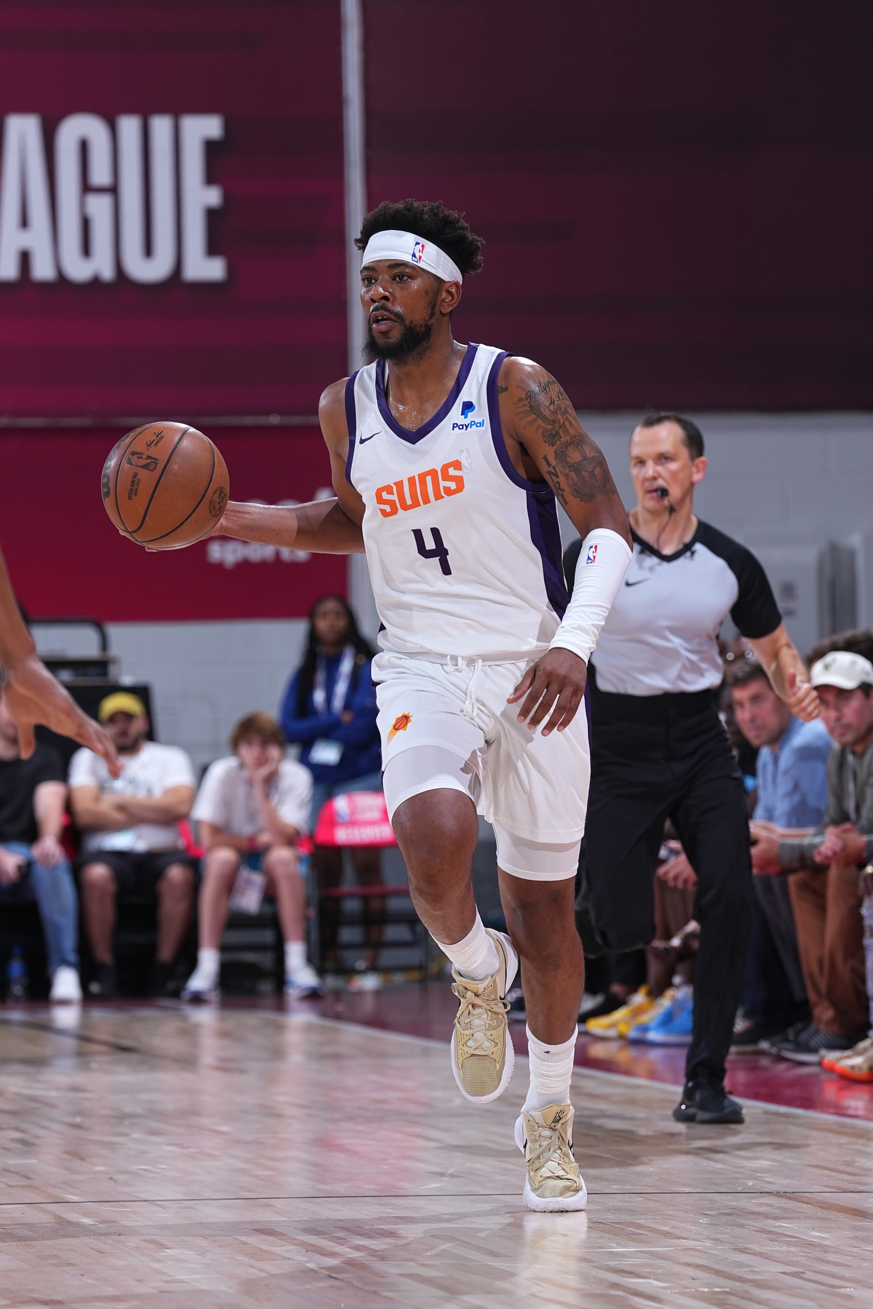 LAS VEGAS, NV - JULY 8: Jordan Goodwin $4 of the Phoenix Suns dribbles the ball during the 2023 NBA Las Vegas Summer League on July 8, 2023 at the Cox Pavilion in Las Vegas, Nevada. NOTE TO USER: User expressly acknowledges and agrees that, by downloading and or using this photograph, User is consenting to the terms and conditions of the Getty Images License Agreement. Mandatory Copyright Notice: Copyright 2023 NBAE (Photo by Bart Young/NBAE via Getty Images)