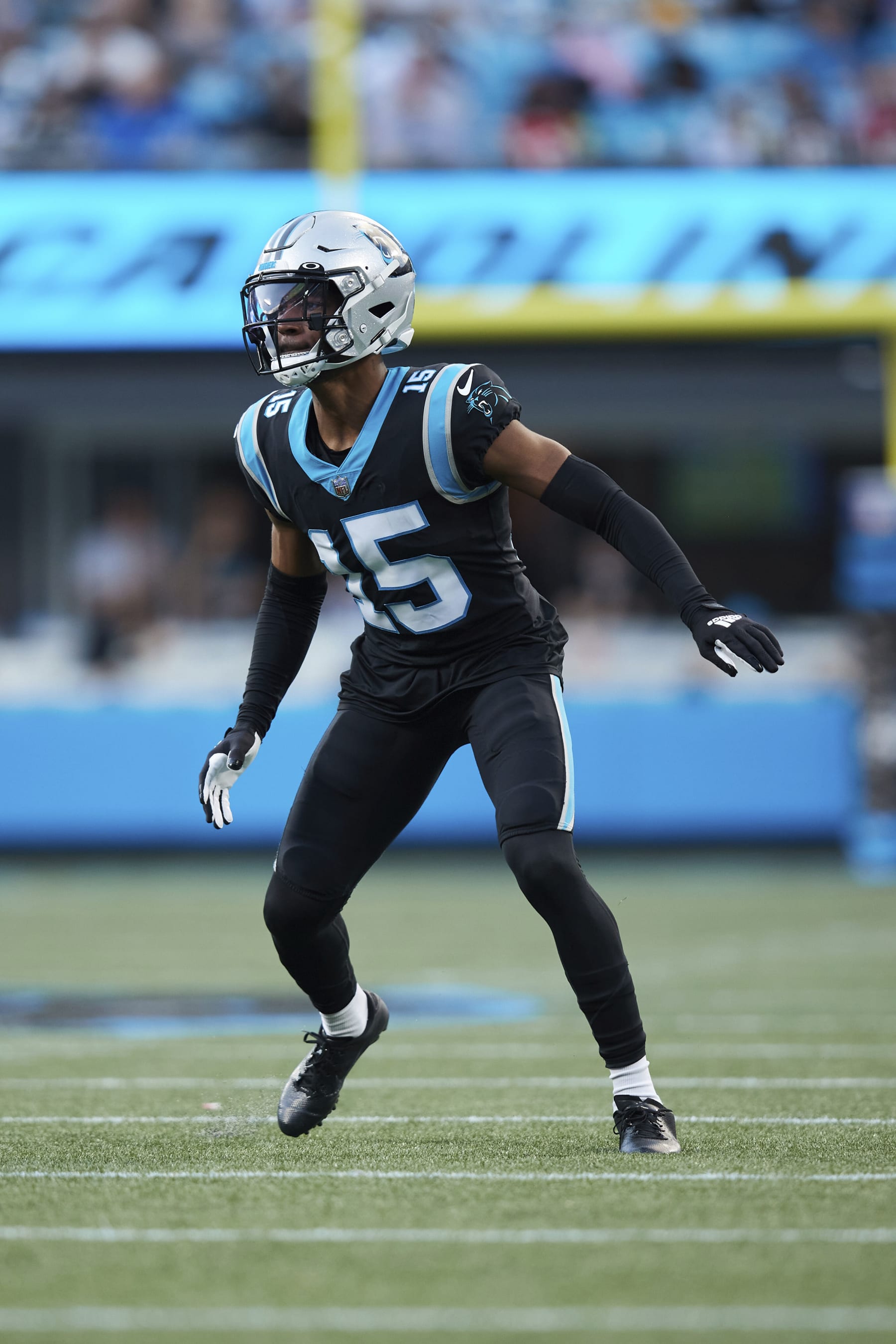 Carolina Panthers cornerback C.J. Henderson (15) lines up on defense during an NFL football game against the Tampa Bay Buccaneers, Sunday, Dec. 26, 2021, in Charlotte, N.C. (AP Photo/Brian Westerholt)