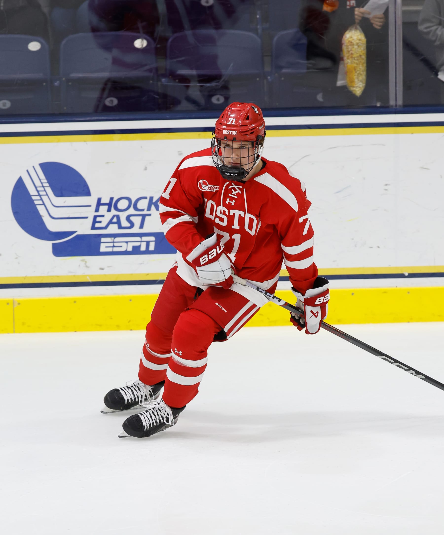 NORTH ANDOVER, MASSACHUSETTS - DECEMBER 1: Macklin Celebrini #71 of the Boston University Terriers warms up before a game against the Merrimack Warriors during NCAA men's hockey at Lawler Rink on December 1, 2023 in North Andover, Massachusetts. The Terriers won 4-1. (Photo by Richard T Gagnon/Getty Images)