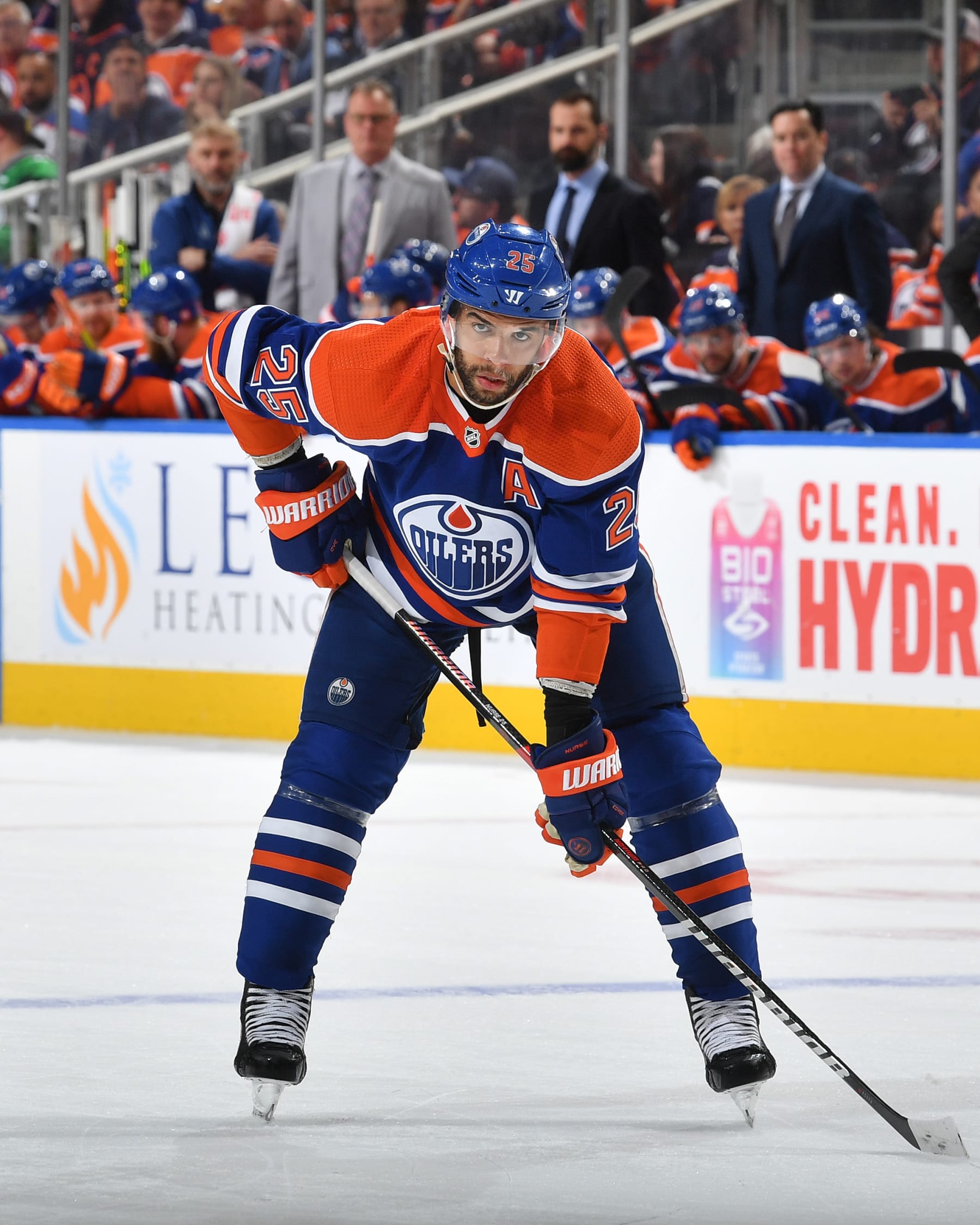 EDMONTON, CANADA - MAY 8: Darnell Nurse #25 of the Edmonton Oilers awaits a face-off in Game Three of the Second Round of the 2023 Stanley Cup Playoffs against the Vegas Golden Knights at Rogers Place on May 8, 2023, in Edmonton, Alberta, Canada. (Photo by Andy Devlin/NHLI via Getty Images)
