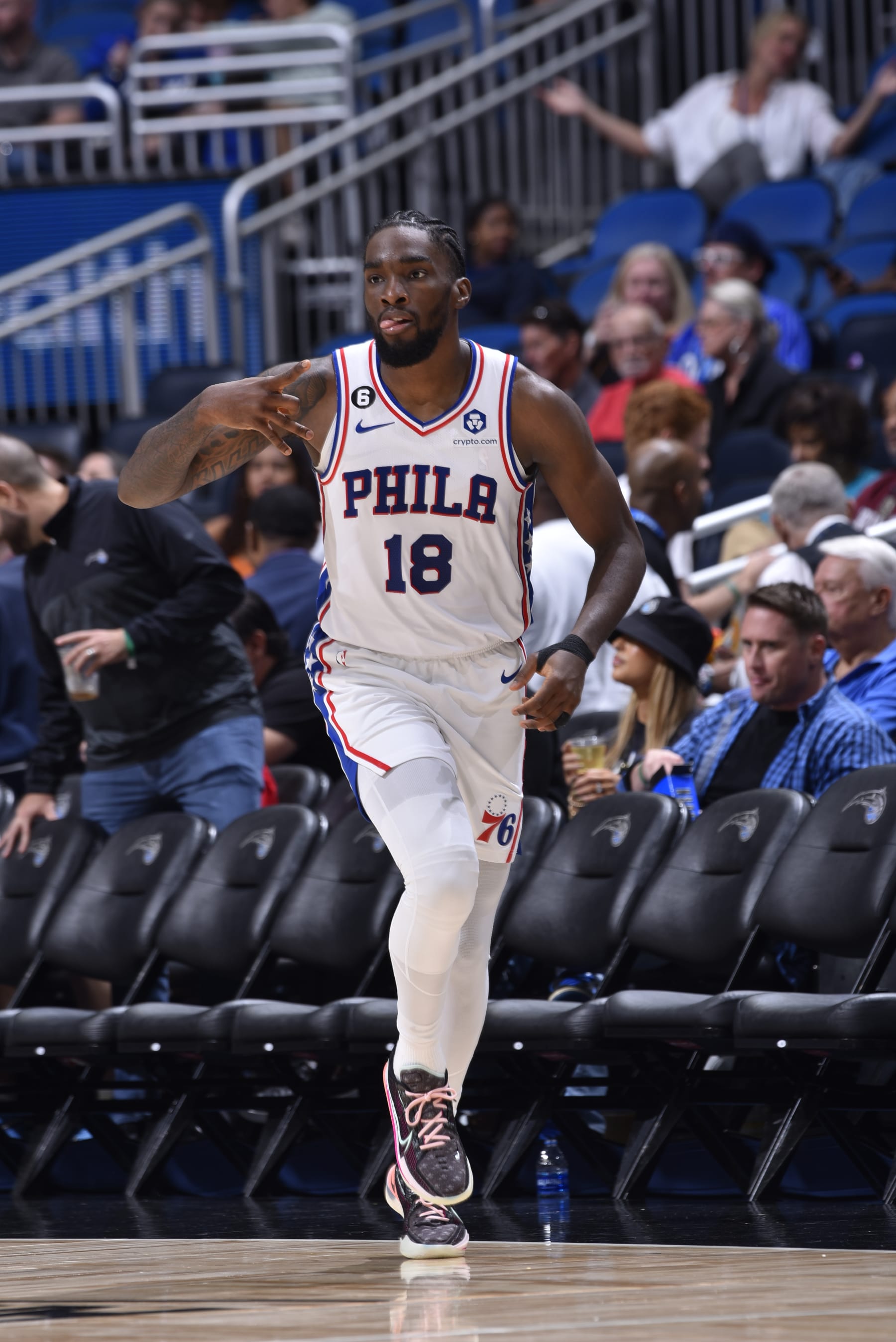 ORLANDO, FL - NOVEMBER 27: Shake Milton #18 of the Philadelphia 76ers celebrates a three point basket on November 27, 2022 at Amway Center in Orlando, Florida. NOTE TO USER: User expressly acknowledges and agrees that, by downloading and or using this photograph, User is consenting to the terms and conditions of the Getty Images License Agreement. Mandatory Copyright Notice: Copyright 2022 NBAE (Photo by Gary Bassing/NBAE via Getty Images)