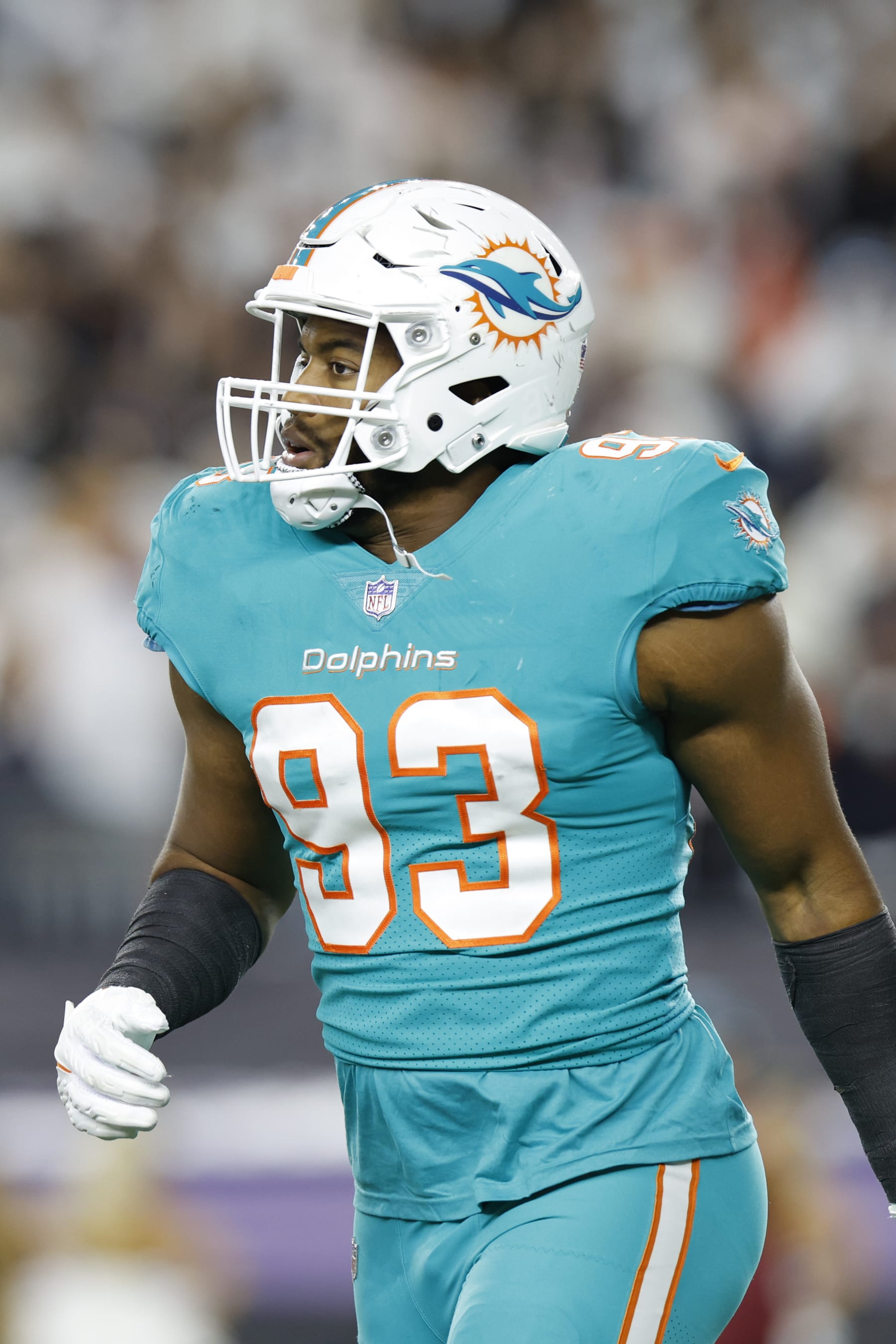 Miami Dolphins linebacker Trey Flowers (93) during an NFL football game against the Cincinnati Bengals on Thursday, September 29, 2022, in Cincinnati. (AP Photo/Matt Patterson)