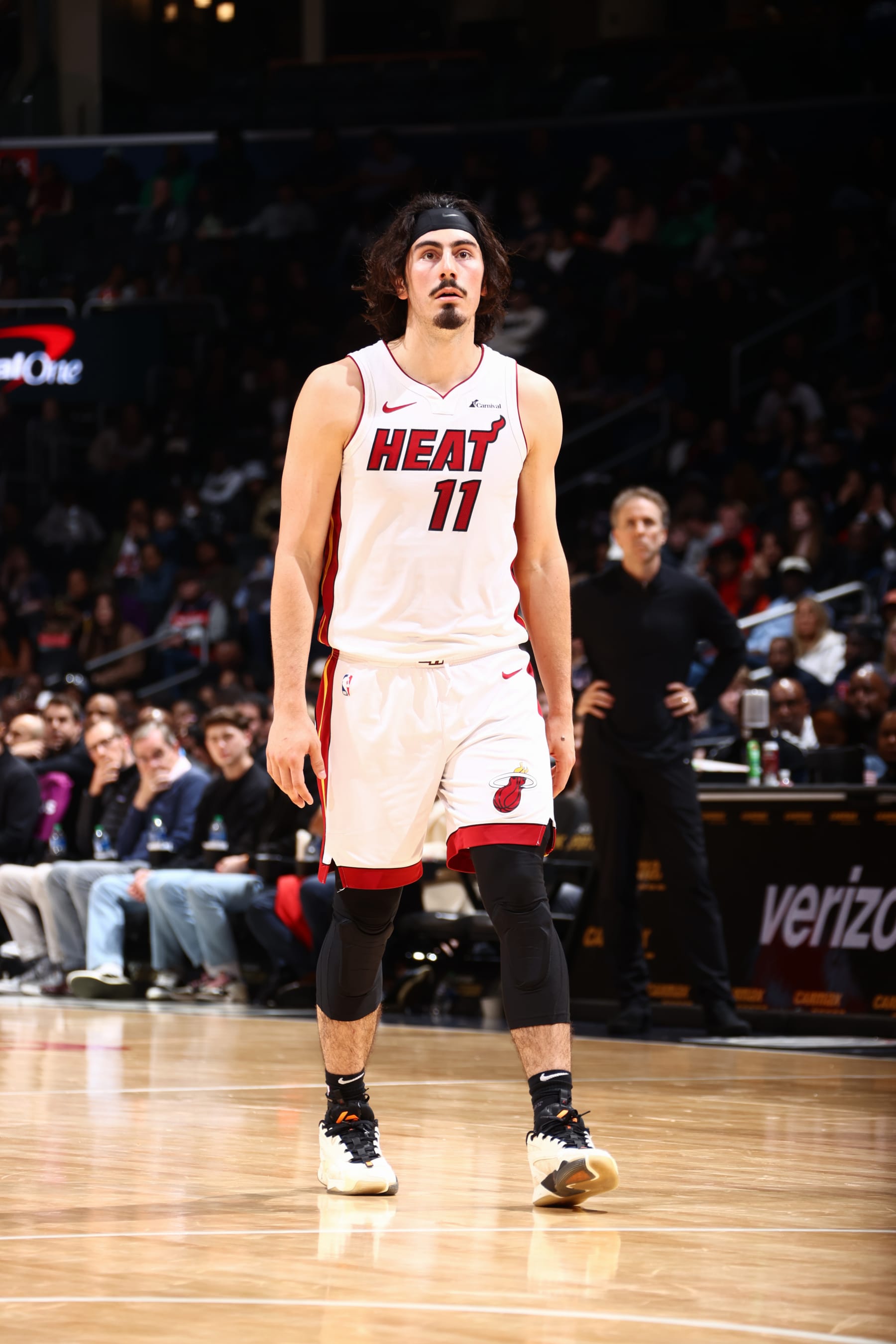 WASHINGTON, DC -  MARCH 31: Jaime Jaquez Jr. #11 of the Miami Heat looks on during the game against the Washington Wizards on March 31, 2024 at Capital One Arena in Washington, DC. NOTE TO USER: User expressly acknowledges and agrees that, by downloading and or using this Photograph, user is consenting to the terms and conditions of the Getty Images License Agreement. Mandatory Copyright Notice: Copyright 2024 NBAE (Photo by Kenny Giarla/NBAE via Getty Images)