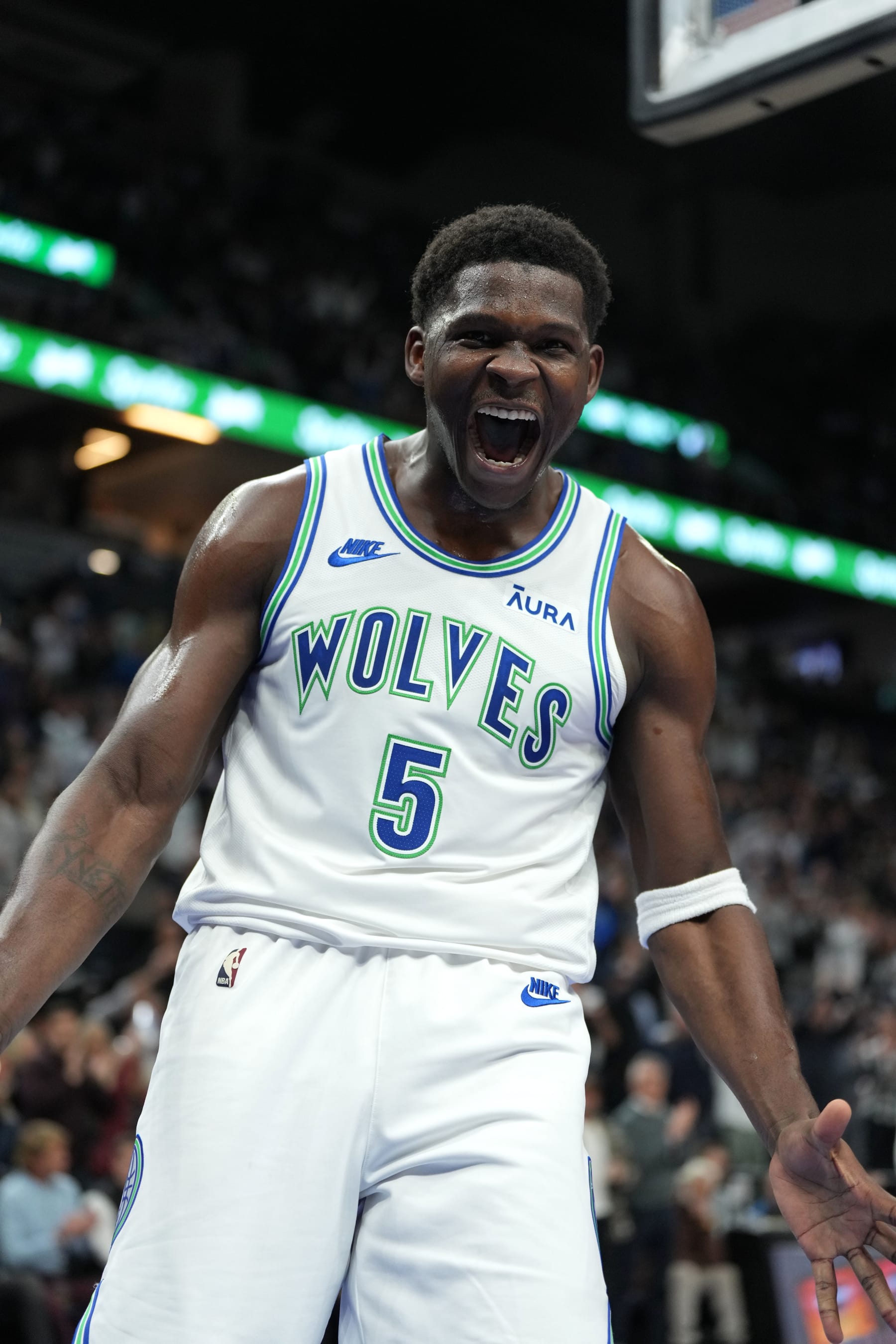 MINNEAPOLIS, MN -  NOVEMBER 8: Anthony Edwards #5 of the Minnesota Timberwolves celebrates during the game against the New Orleans Pelicans on November 8, 2023 at Target Center in Minneapolis, Minnesota. NOTE TO USER: User expressly acknowledges and agrees that, by downloading and or using this Photograph, user is consenting to the terms and conditions of the Getty Images License Agreement. Mandatory Copyright Notice: Copyright 2023 NBAE (Photo by Jordan Johnson/NBAE via Getty Images)