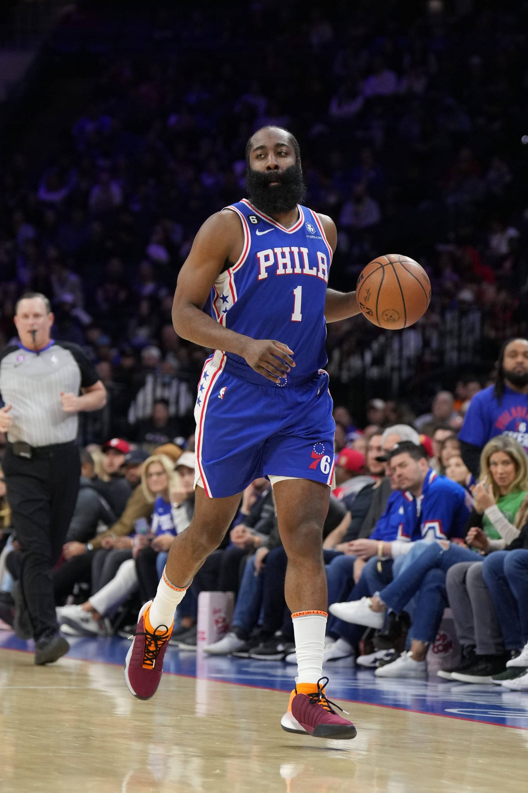 PHILADELPHIA, PA - FEBRUARY 13: James Harden #1 of the Philadelphia 76ers dribbles the ball during the game against the Houston Rockets on February 13, 2023 at the Wells Fargo Center in Philadelphia, Pennsylvania NOTE TO USER: User expressly acknowledges and agrees that, by downloading and/or using this Photograph, user is consenting to the terms and conditions of the Getty Images License Agreement. Mandatory Copyright Notice: Copyright 2023 NBAE (Photo by Jesse D. Garrabrant/NBAE via Getty Images)