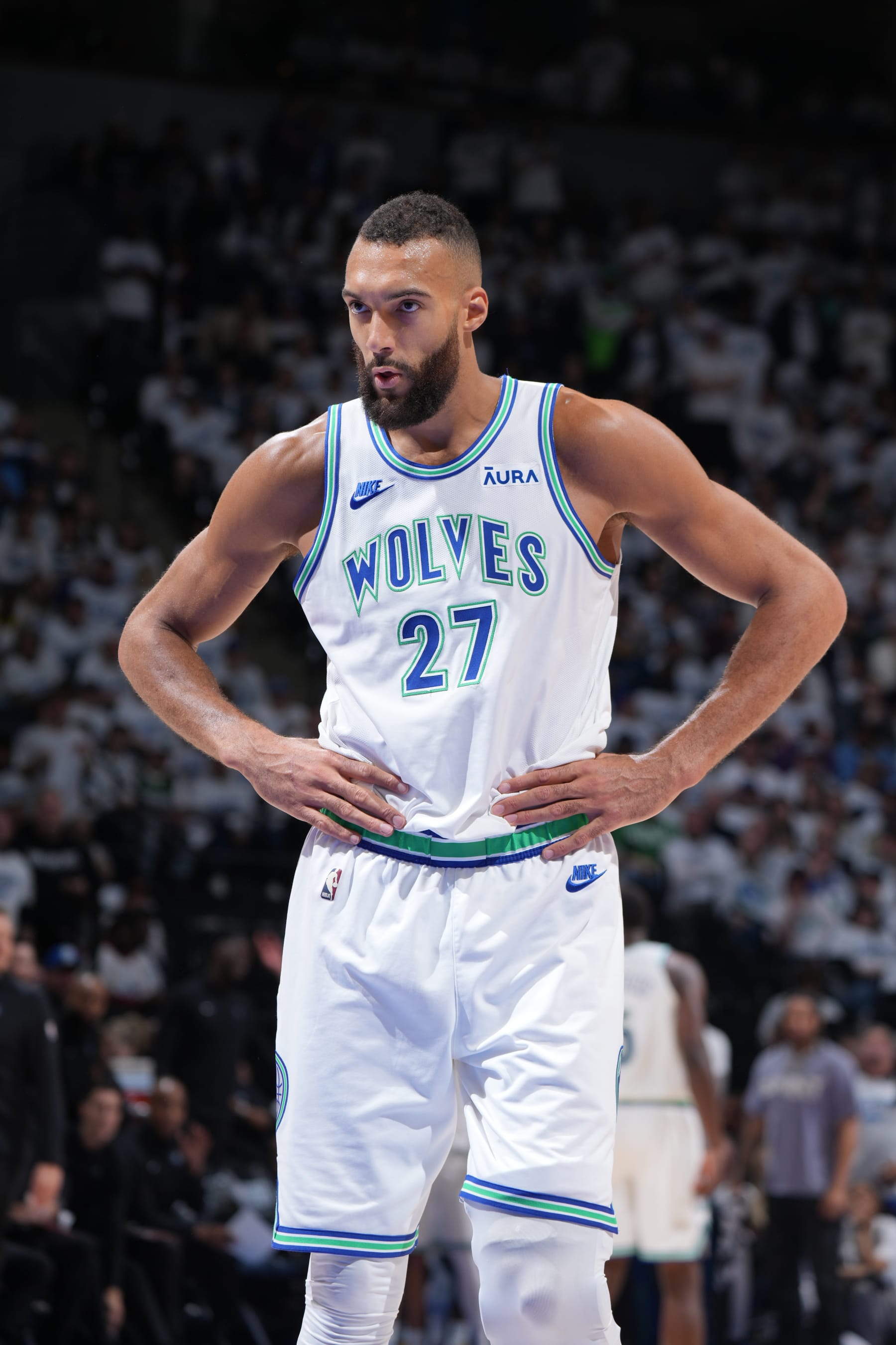 MINNEAPOLIS, MN -  APRIL 20: Rudy Gobert #27 of the Minnesota Timberwolves looks on during Round One Game One of the 2024 NBA Playoffs against the Phoenix Suns on April 20, 2024 at Target Center in Minneapolis, Minnesota. NOTE TO USER: User expressly acknowledges and agrees that, by downloading and or using this Photograph, user is consenting to the terms and conditions of the Getty Images License Agreement. Mandatory Copyright Notice: Copyright 2024 NBAE (Photo by Jordan Johnson/NBAE via Getty Images)