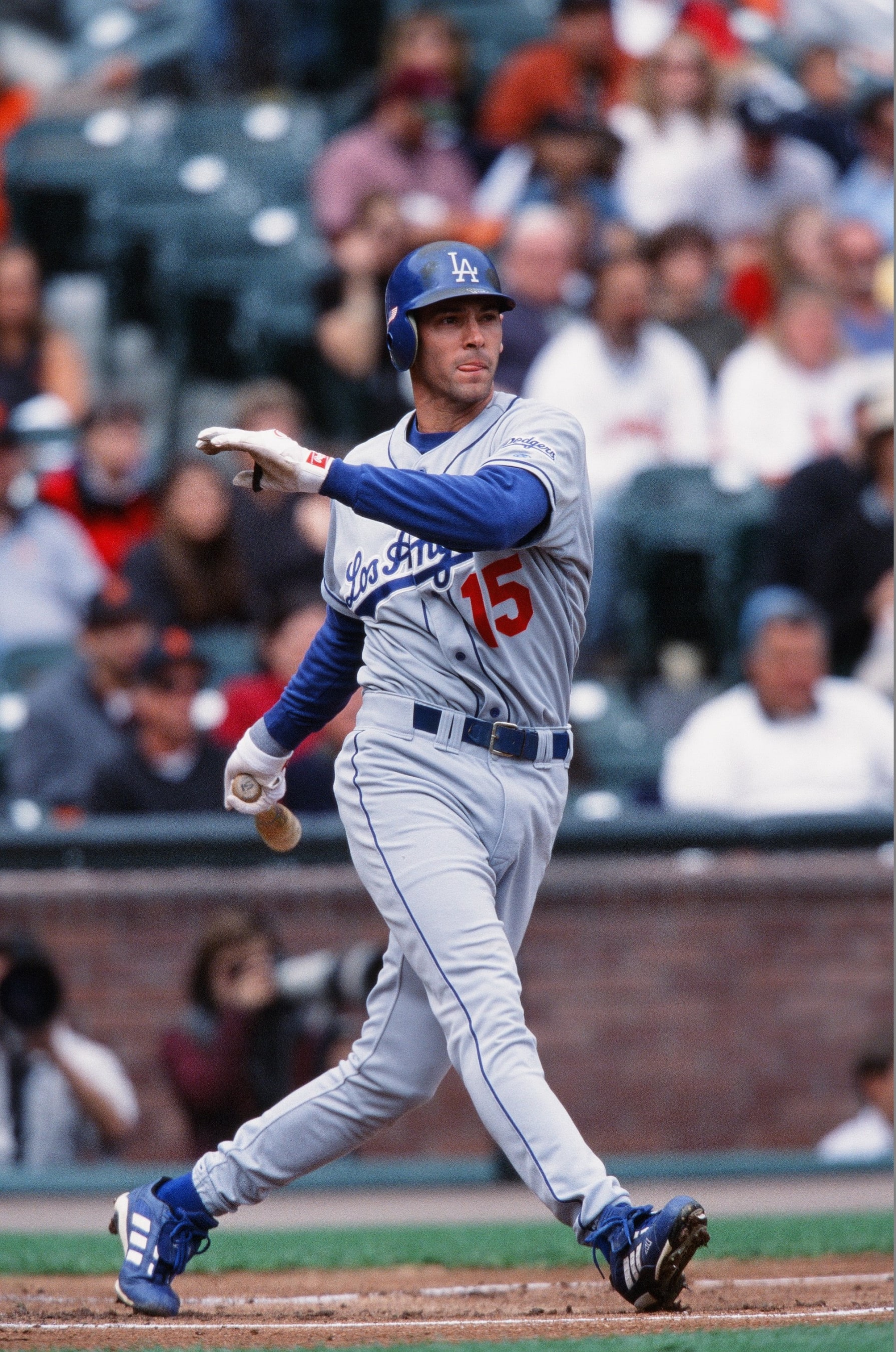 SAN FRANCISCO, CA - OCTOBER 6: Shawn Green of the Los Angeles Dodgers bats against the San Francisco Giants at Pacific Bell Park on October 6, 2001 in San Francisco, California. (Photo by Sporting News via Getty Images via Getty Images) 