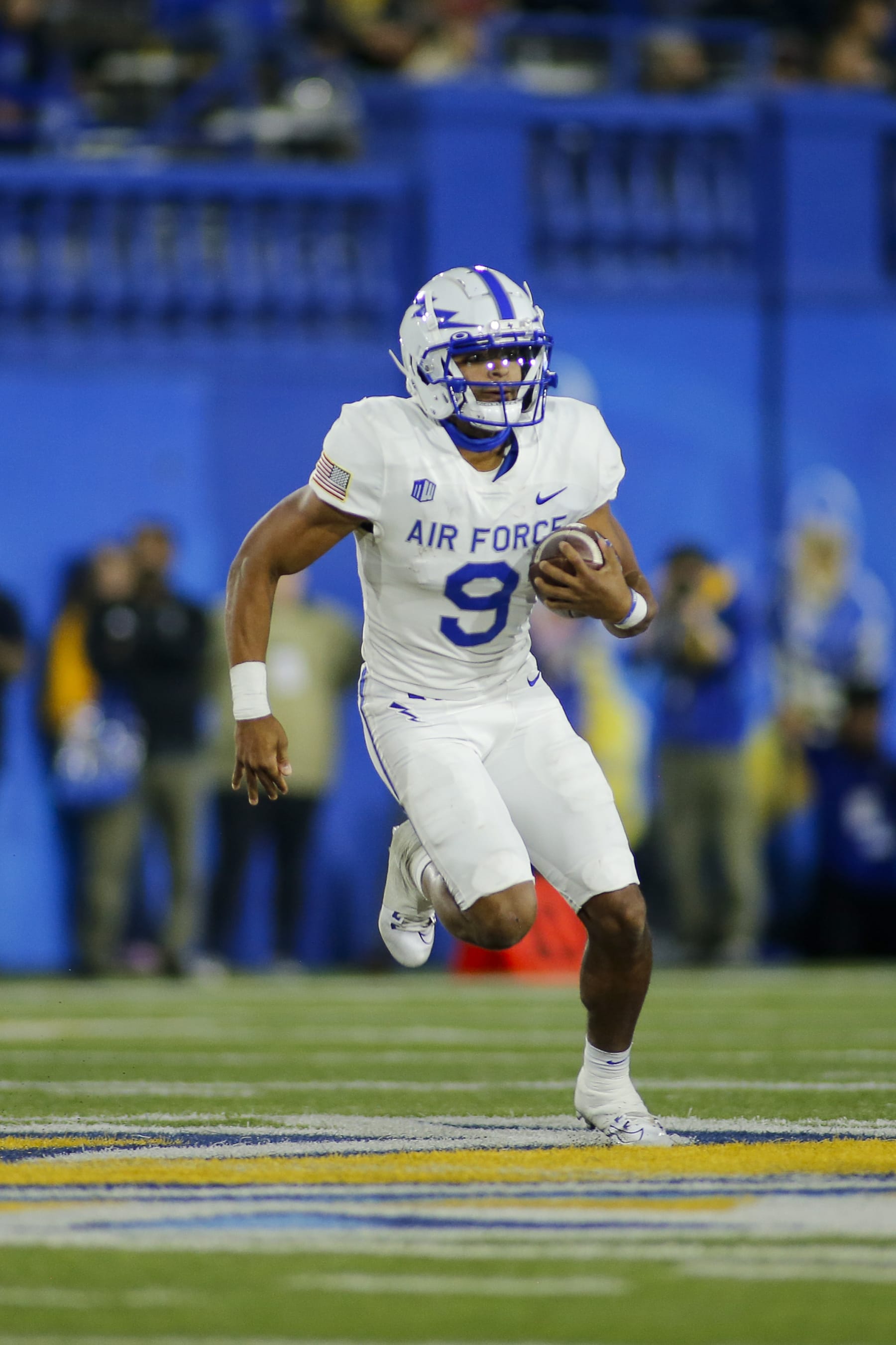 SAN JOSE, CA - SEPTEMBER 22: Air Force QB Zac Larrier (9) scampers for open yardage in the game between the Air Force Falcons and the San Jose State Spartans on September 22, 2023, at CEFCU Stadium in San Jose, CA. (Photo by Larry Placido/Icon Sportswire via Getty Images)