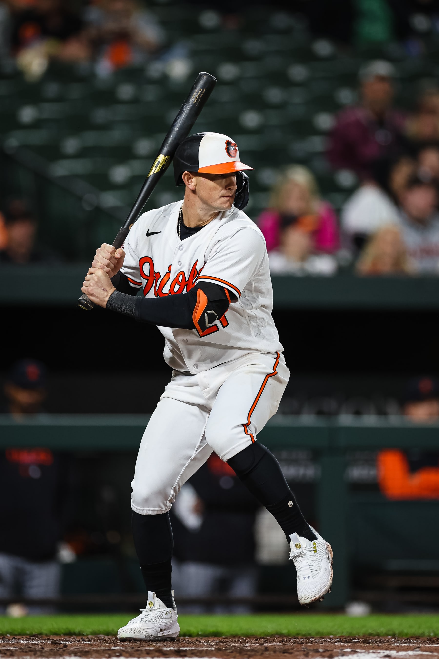 BALTIMORE, MD - APRIL 22: Austin Hays #21 of the Baltimore Orioles at bat against the Detroit Tigers during the seventh inning at Oriole Park at Camden Yards on April 22, 2023 in Baltimore, Maryland. (Photo by Scott Taetsch/Getty Images)