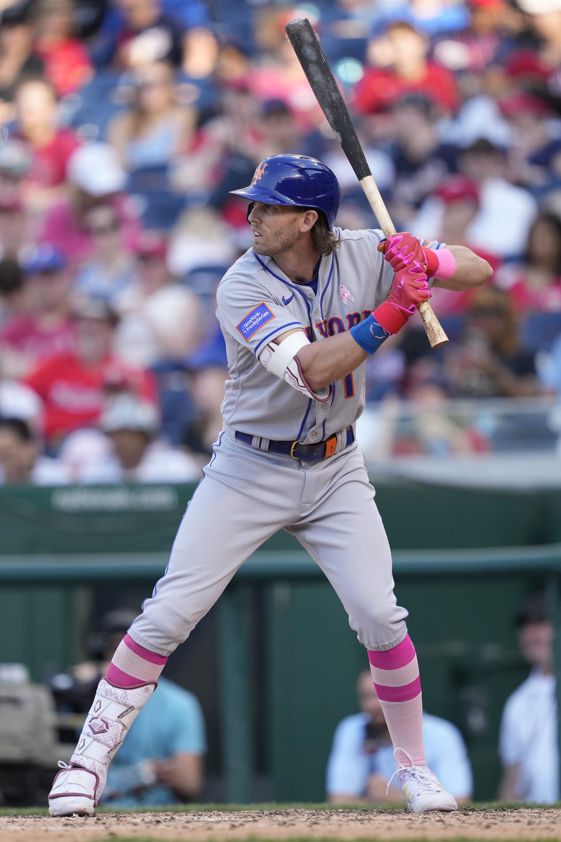 WASHINGTON, DC - MAY 14:  Jeff McNeil #1 of the New York Mets prepares for a pitch during game two of a doubleheader against the Washington Nationals on May 14, 2023 in Washington, DC. (Photo by Mitchell Layton/Getty Images)