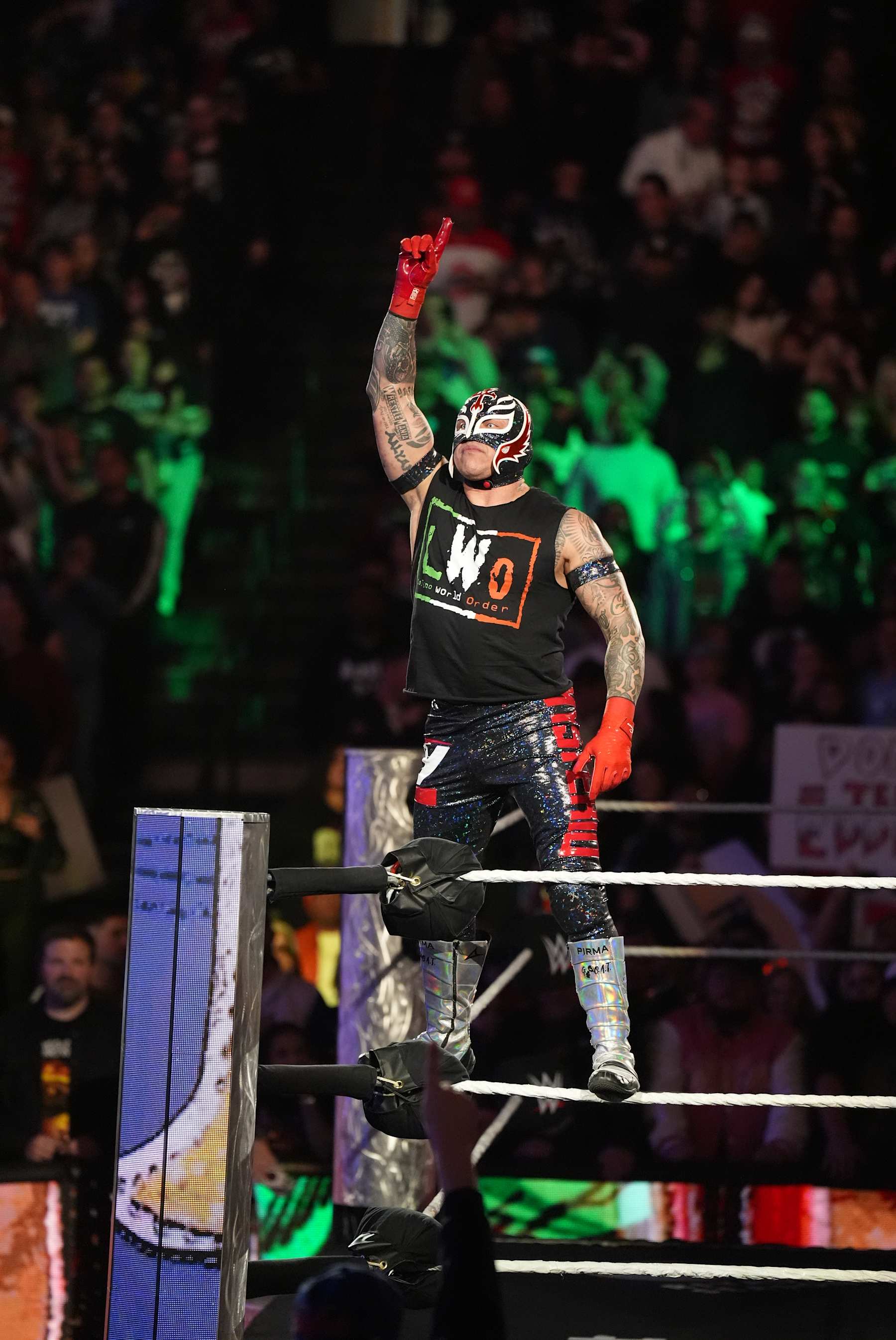 DALLAS, TEXAS - JANUARY 20: Rey Mysterio makes an entrance during WWE RAW at American Airlines Center on January 20, 2025 in Dallas, Texas.  (Photo by WWE/Getty Images)