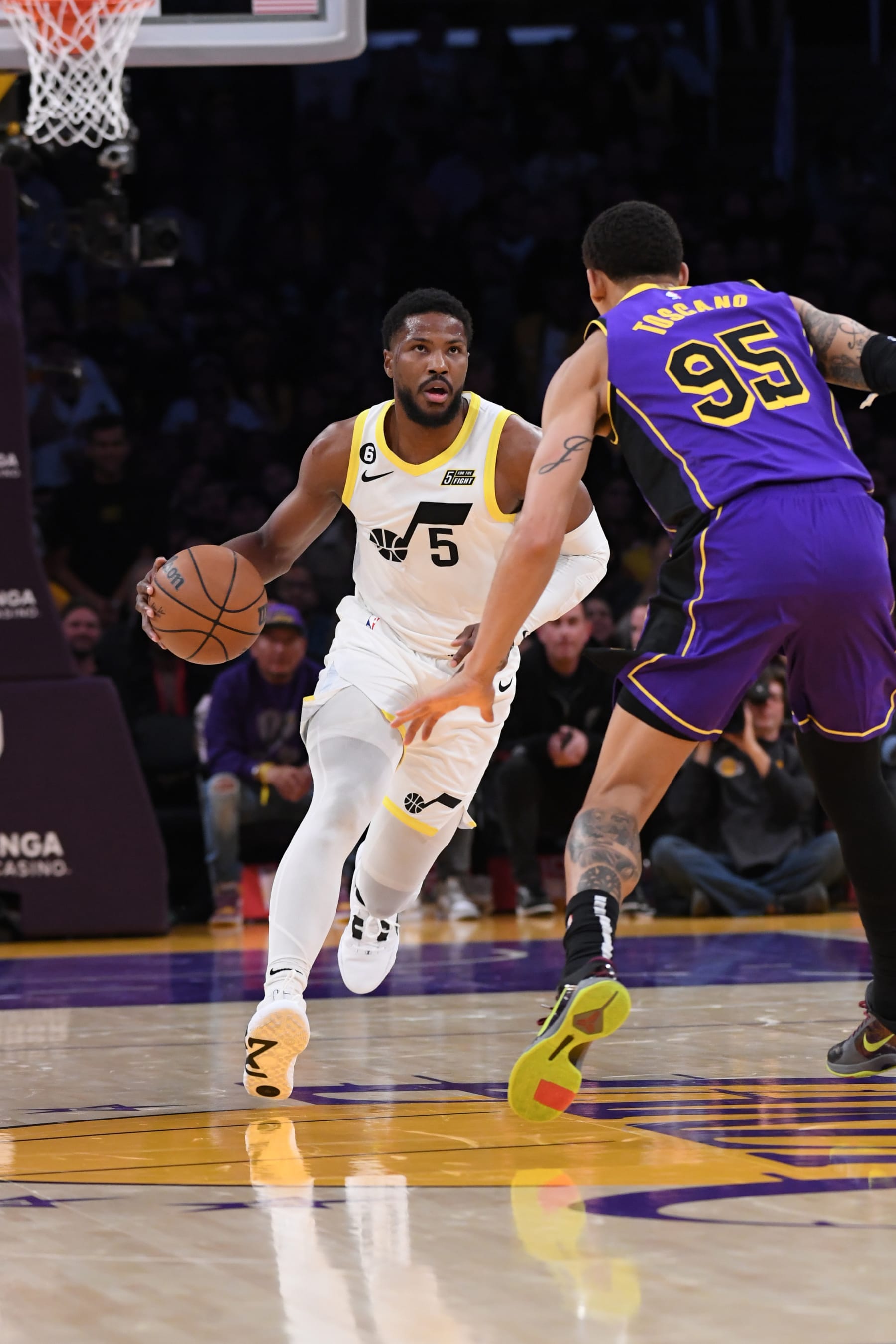LOS ANGELES, CA - NOVEMBER 4: Malik Beasley #5 of the Utah Jazz dribbles the ball during the game against the Los Angeles Lakers on November 4, 2022 at Crypto.Com Arena in Los Angeles, California. NOTE TO USER: User expressly acknowledges and agrees that, by downloading and/or using this Photograph, user is consenting to the terms and conditions of the Getty Images License Agreement. Mandatory Copyright Notice: Copyright 2022 NBAE (Photo by Juan Ocampo/NBAE via Getty Images)