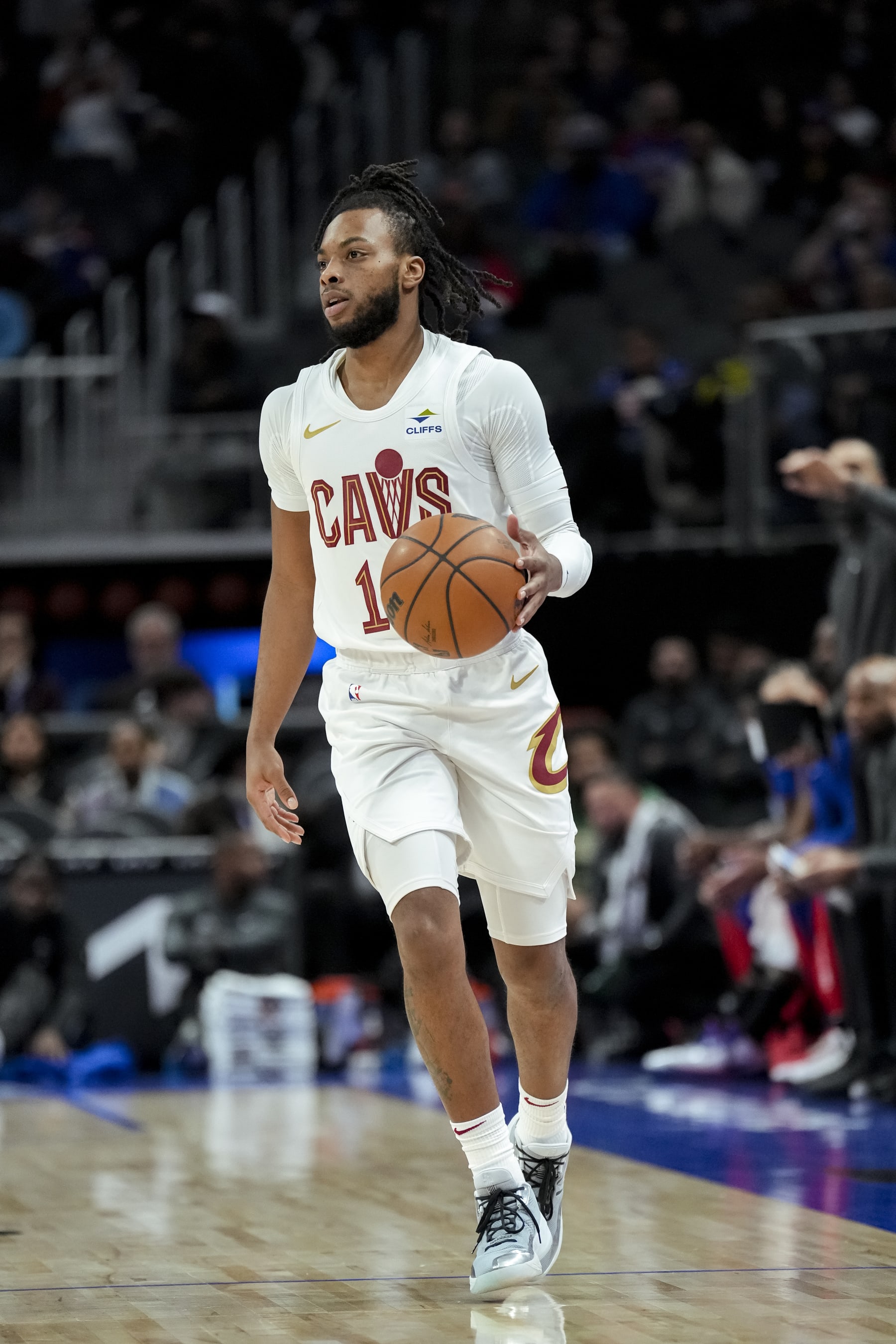 DETROIT, MICHIGAN - DECEMBER 02: Darius Garland #10 of the Cleveland Cavaliers handles the ball against the Detroit Pistons at Little Caesars Arena on December 02, 2023 in Detroit, Michigan. NOTE TO USER: User expressly acknowledges and agrees that, by downloading and or using this photograph, User is consenting to the terms and conditions of the Getty Images License Agreement. (Photo by Nic Antaya/Getty Images)