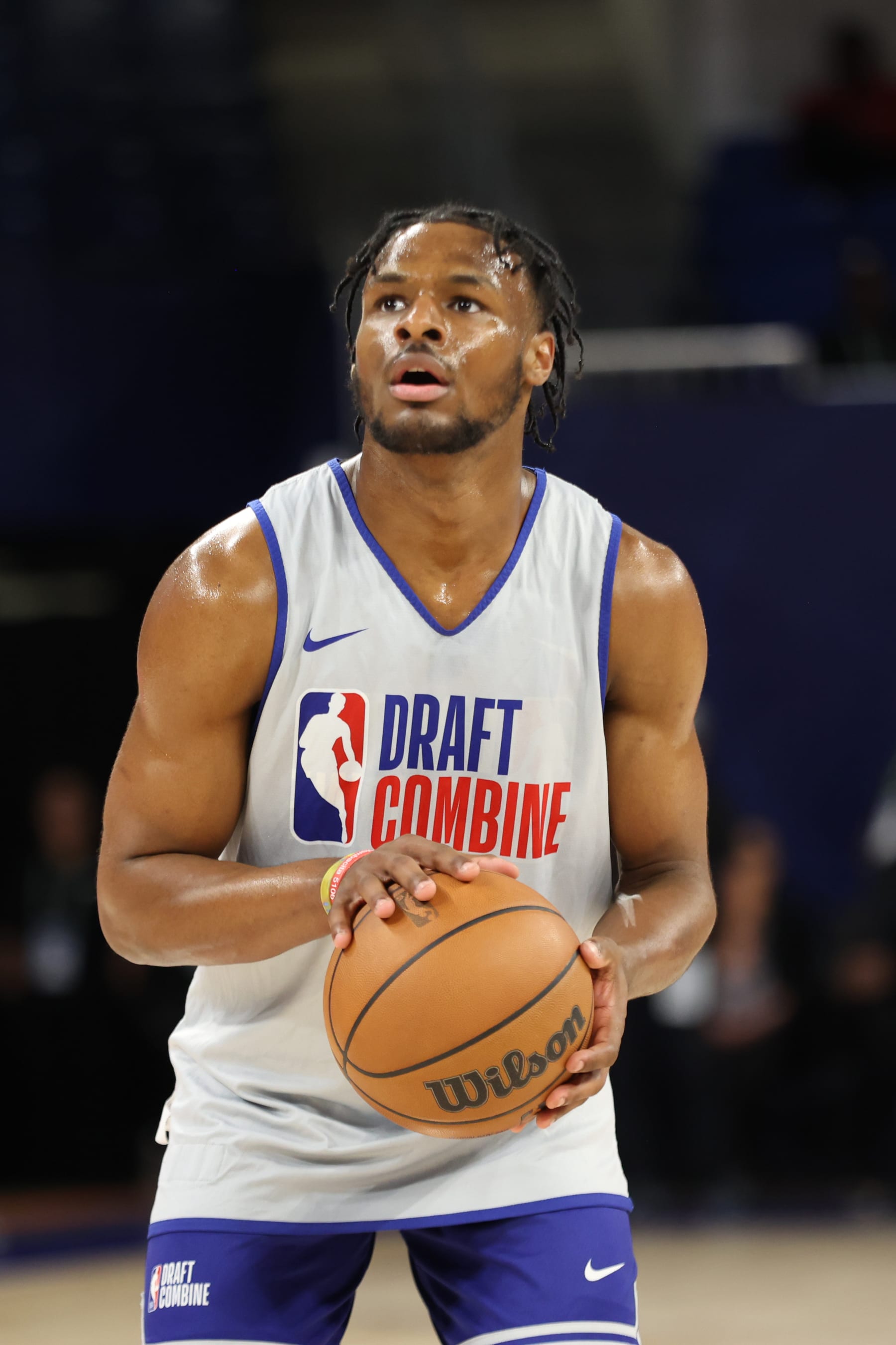 CHICAGO, IL - MAY 15: Bronny James shoots a free throw during the 2024 NBA Combine on May 15, 2024 at Wintrust Arena in Chicago, Illinois. NOTE TO USER: User expressly acknowledges and agrees that, by downloading and or using this photograph, User is consenting to the terms and conditions of the Getty Images License Agreement. Mandatory Copyright Notice: Copyright 2024 NBAE (Photo by Jeff Haynes/NBAE via Getty Images)