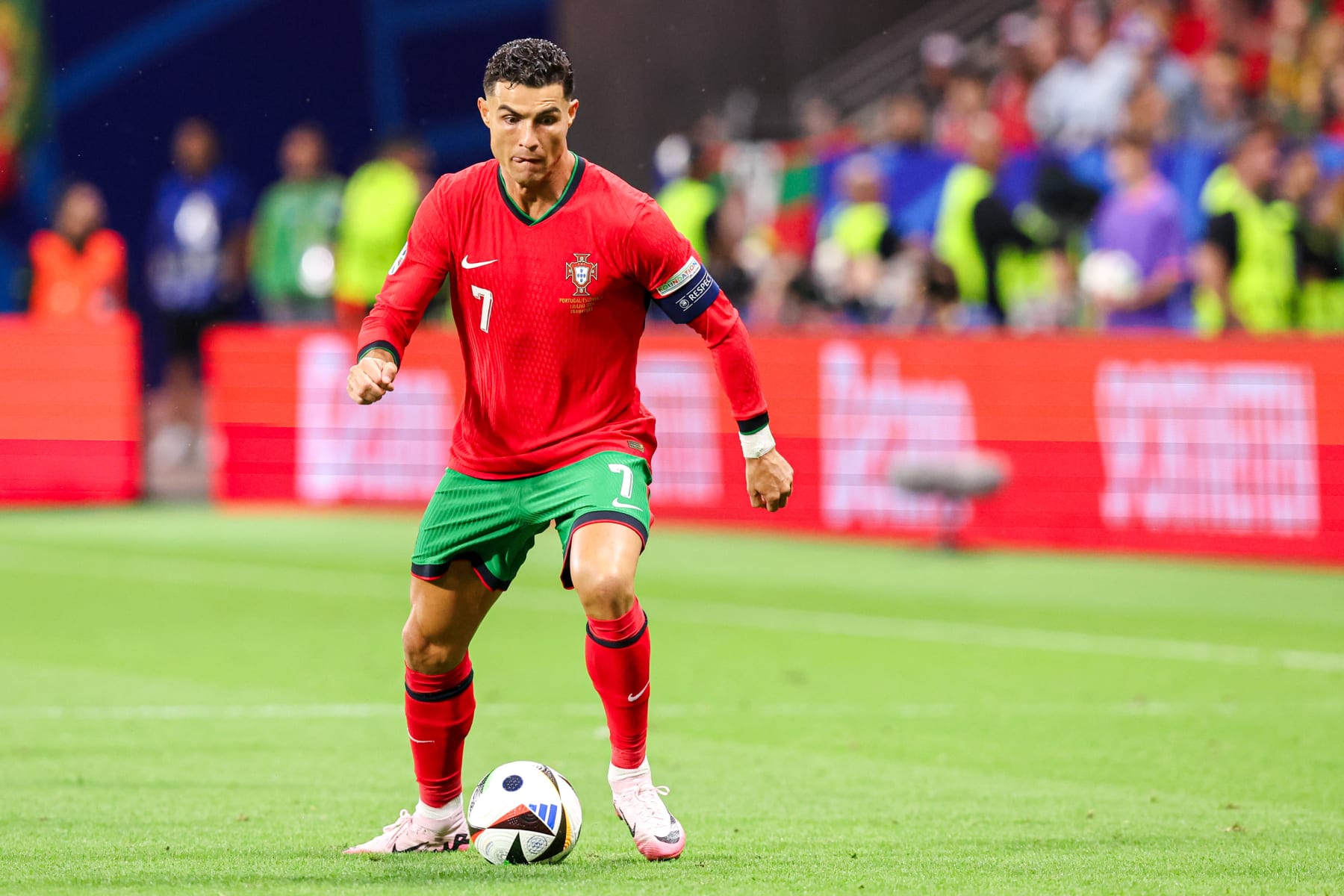 FRANKFURT, GERMANY - JULY 1: Cristiano Ronaldo of Portugal runs with the ball during the Round of 16 - UEFA EURO 2024 match between Portugal and Slovenia at Deutsche Bank Park on July 1, 2024 in Frankfurt, Germany. (Photo by Peter Lous/BSR Agency/Getty Images)