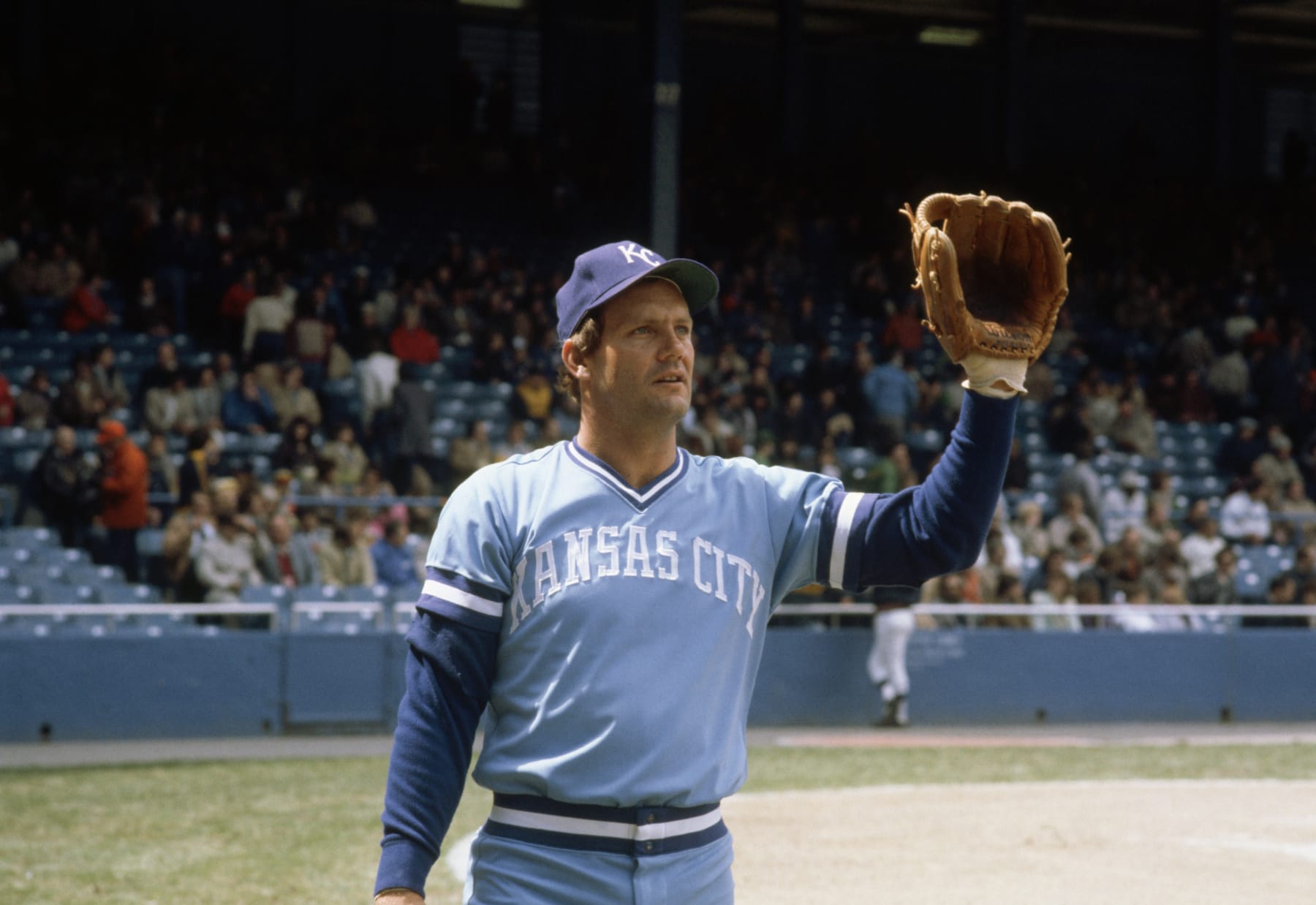 (Original Caption) 1982: Closeups of George Brett, Kansas City Royals baseball player, throwing baseball.