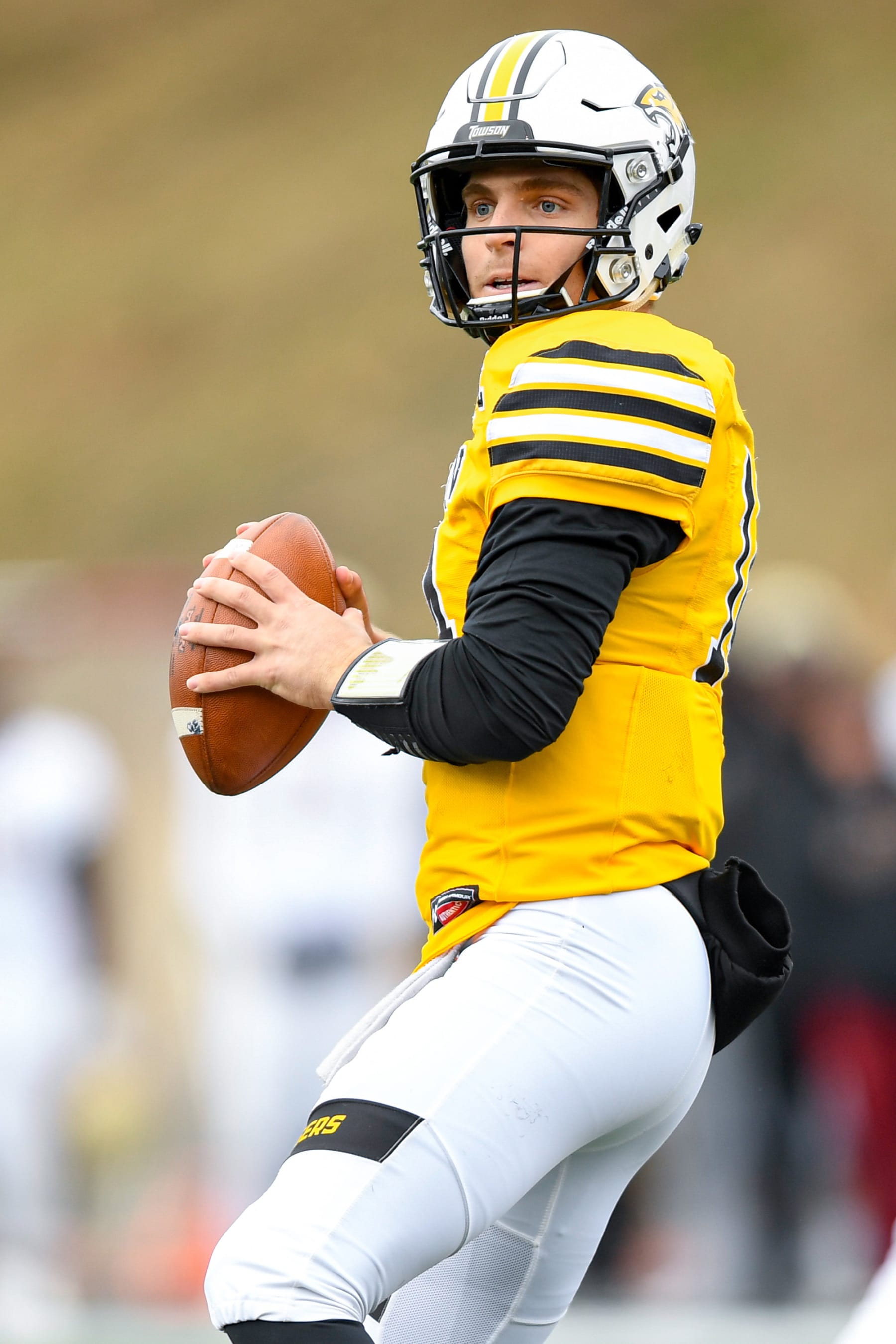 TOWOSN, MD - NOVEMBER 23: Quarterback Tom Flacco #14 of the Towson Tigers looks to throw the ball downfield during game against the Elon Phoenix on November 23, 2019 at Johnny Unitas Stadium Towson, MD. The 23-25 lost knocked Towson out of the playoffs. (Photo by Phillip Peters/E and P Photography/Getty Images)