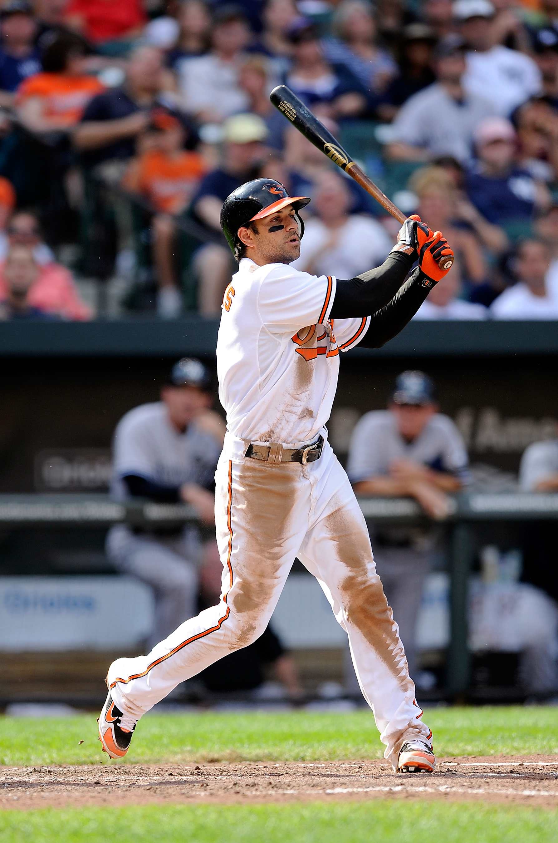 BALTIMORE - SEPTEMBER 19:  Brian Roberts #1 of the Baltimore Orioles bats against the New York Yankees at Camden Yards on September 19, 2010 in Baltimore, Maryland. The Orioles won 4-3.  (Photo by G Fiume/Getty Images)
