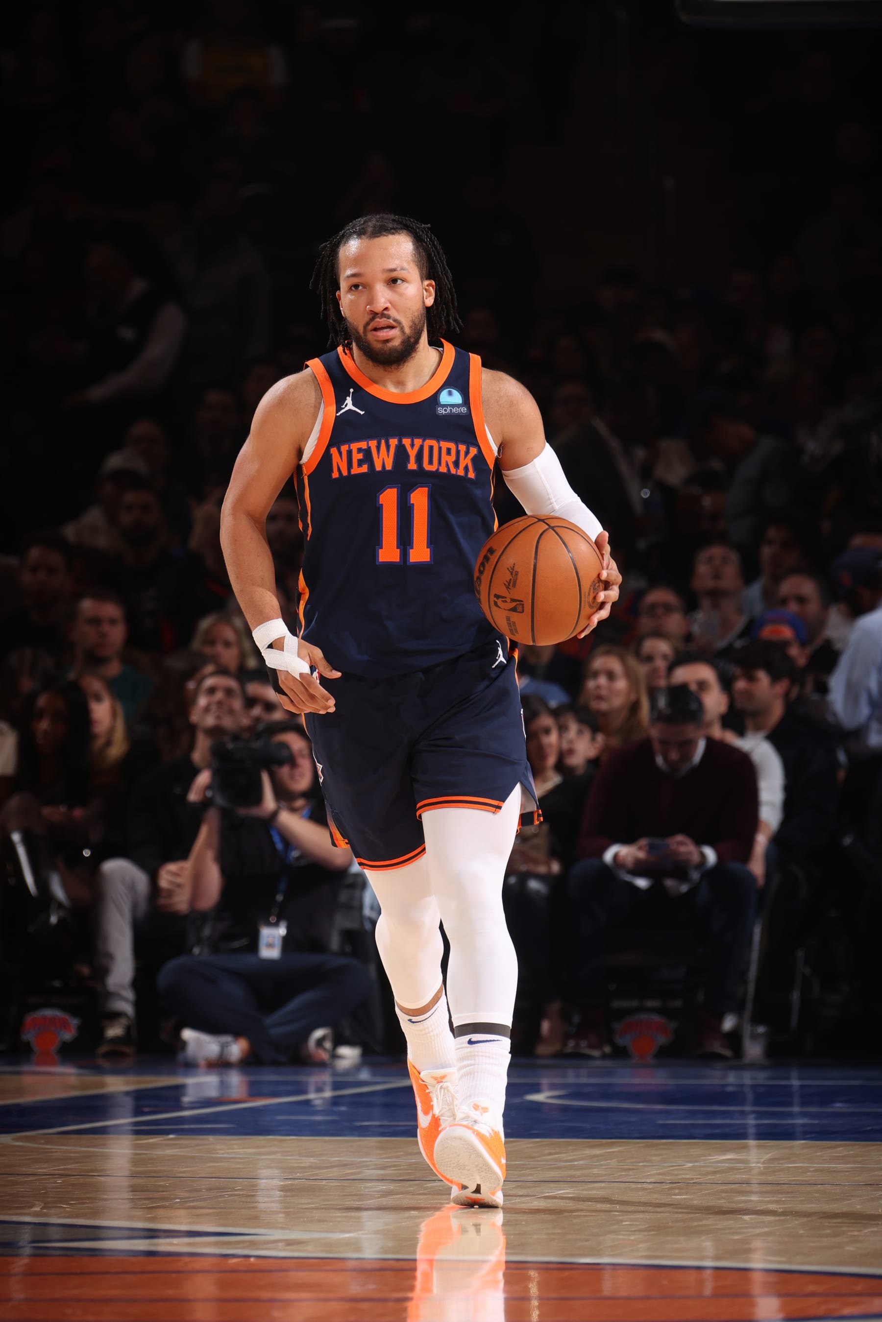 NEW YORK, NY - APRIL 12: Jalen Brunson #11 of the New York Knicks dribbles the ball during the game against the Brooklyn Nets on April 12, 2024 at Madison Square Garden in New York City, New York.  NOTE TO USER: User expressly acknowledges and agrees that, by downloading and or using this photograph, User is consenting to the terms and conditions of the Getty Images License Agreement. Mandatory Copyright Notice: Copyright 2024 NBAE  (Photo by Nathaniel S. Butler/NBAE via Getty Images)
