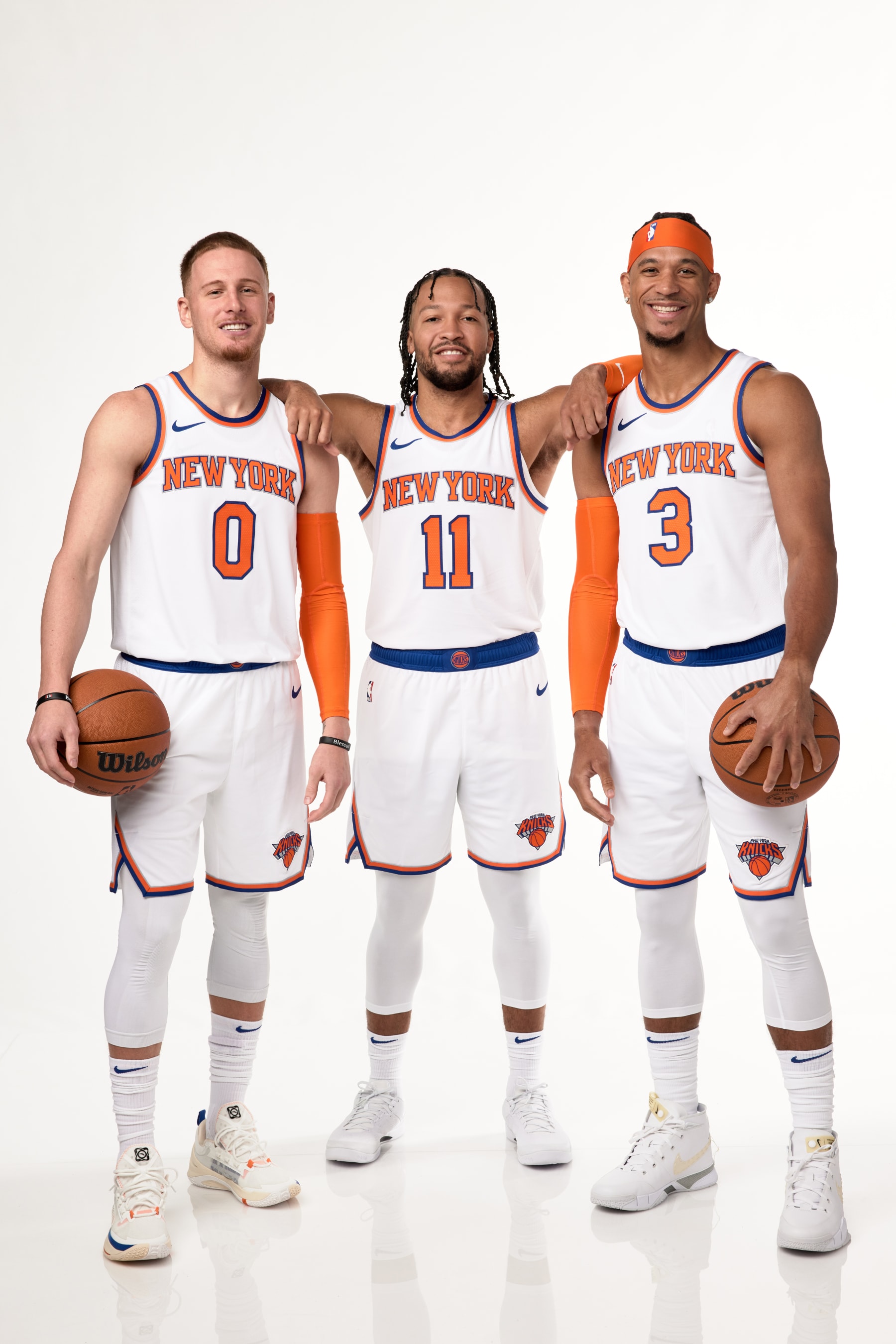 TARRYTOWN, NEW YORK - OCTOBER 02: Donte DiVincenzo #0, Jalen Brunson #11, and Josh Hart #3 of the New York Knicks pose for a portrait during 2023-24 NBA Media Day on October 2, 2023 in Tarrytown, New York. NOTE TO USER: User expressly acknowledges and agrees that, by downloading and/or using this photograph, user is consenting to the terms and conditions of the Getty Images License Agreement.  Mandatory Copyright Notice: Copyright 2023 NBAE (Photo by Steven Freeman/NBAE via Getty Images)