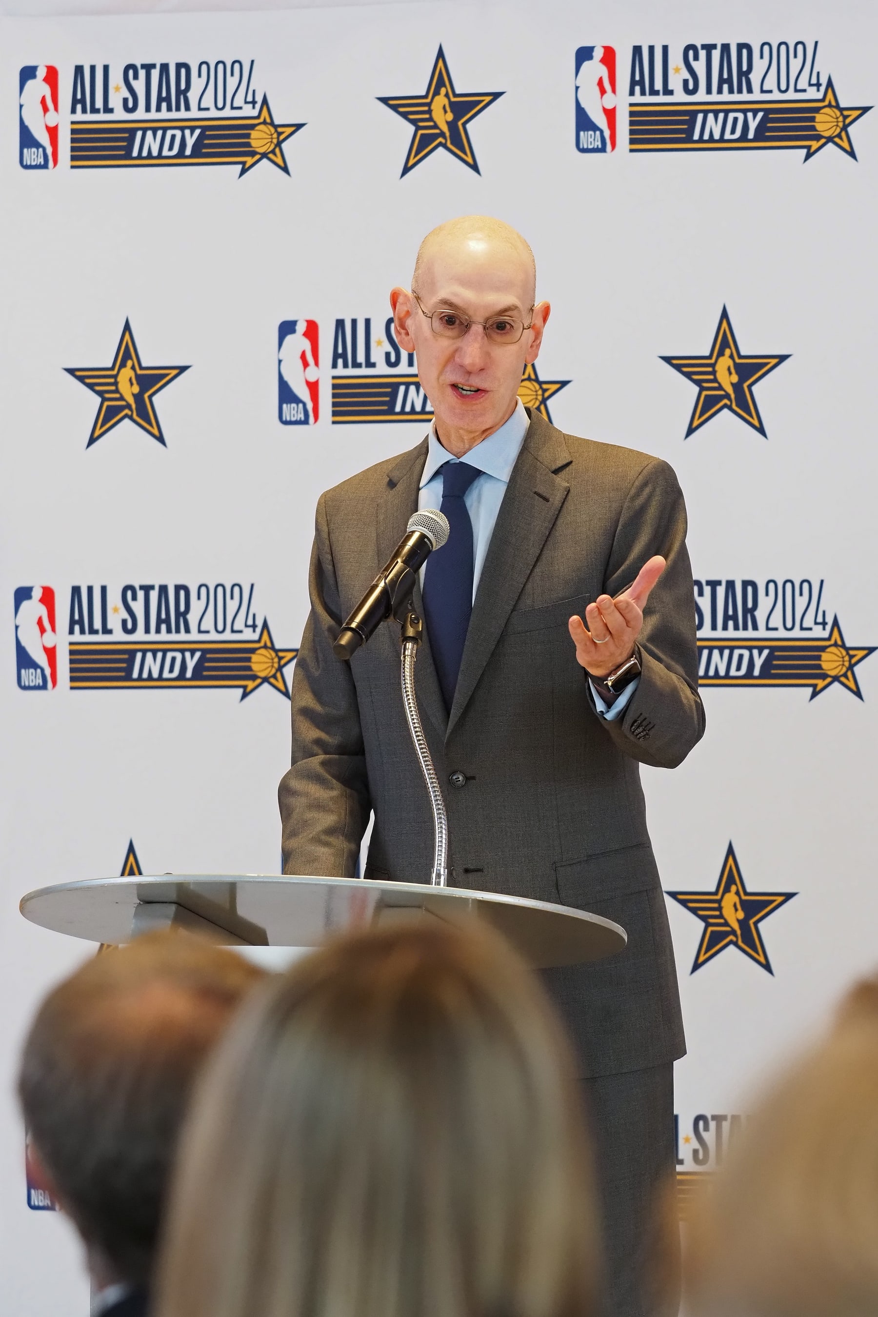 INDIANAPOLIS, IN - OCTOBER 25: NBA Commissioner, Adam Silver speaks to the media during a press conference announcing the 2024 NBA All Star Weekend in Indianapolis, Indiana on October 25, 2023 at Gainbridge Fieldhouse. NOTE TO USER: User expressly acknowledges and agrees that, by downloading and or using this Photograph, user is consenting to the terms and conditions of the Getty Images License Agreement. Mandatory Copyright Notice: Copyright 2023 NBAE (Photo by Ron Hoskins/NBAE via Getty Images)