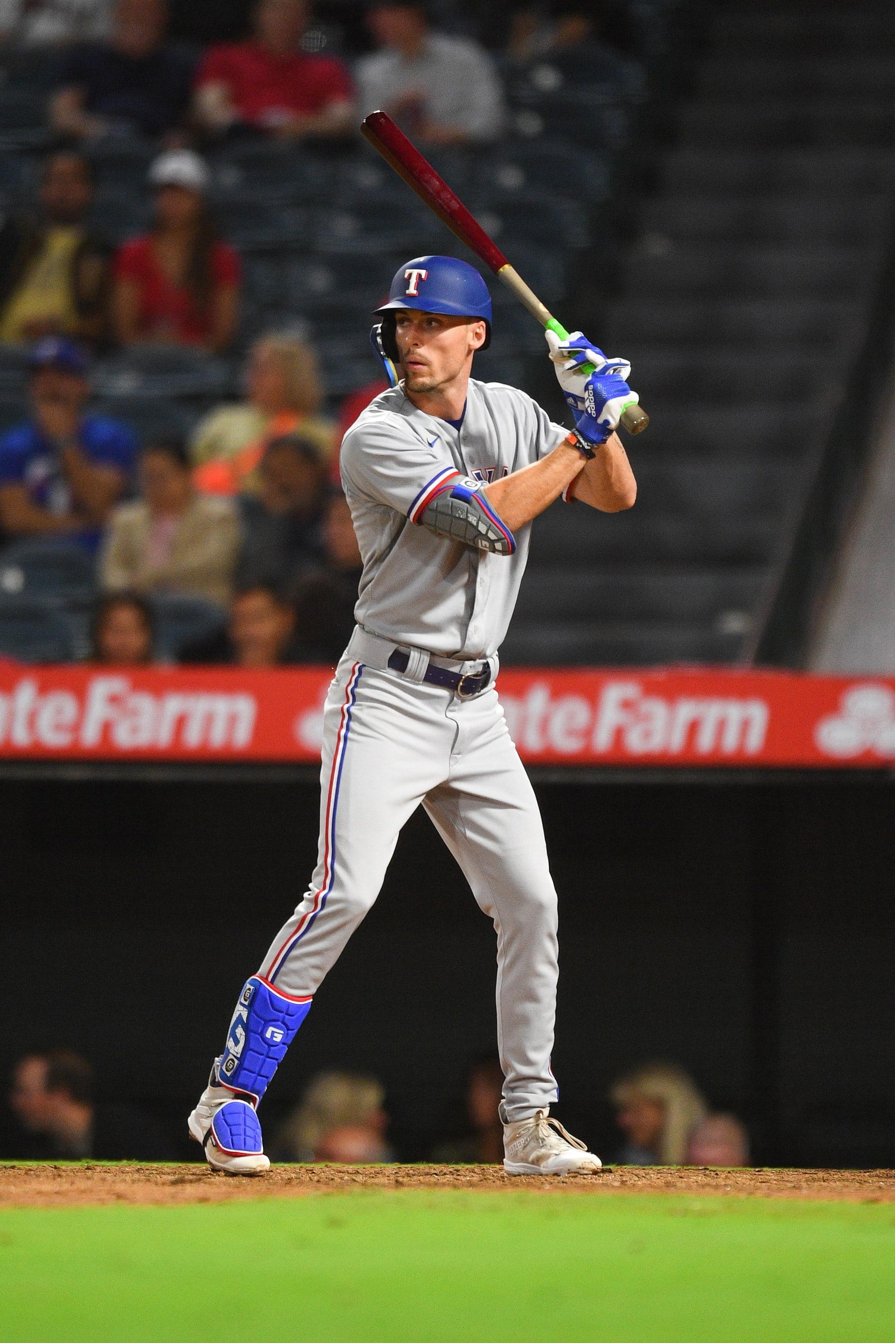ANAHEIM, CA - SEPTEMBER 26: Texas Rangers outfielder Evan Carter (32) at bat during the MLB game between the Texas Rangers and the Los Angeles Angels of Anaheim on September 26, 2023 at Angel Stadium of Anaheim in Anaheim, CA. (Photo by Brian Rothmuller/Icon Sportswire via Getty Images)