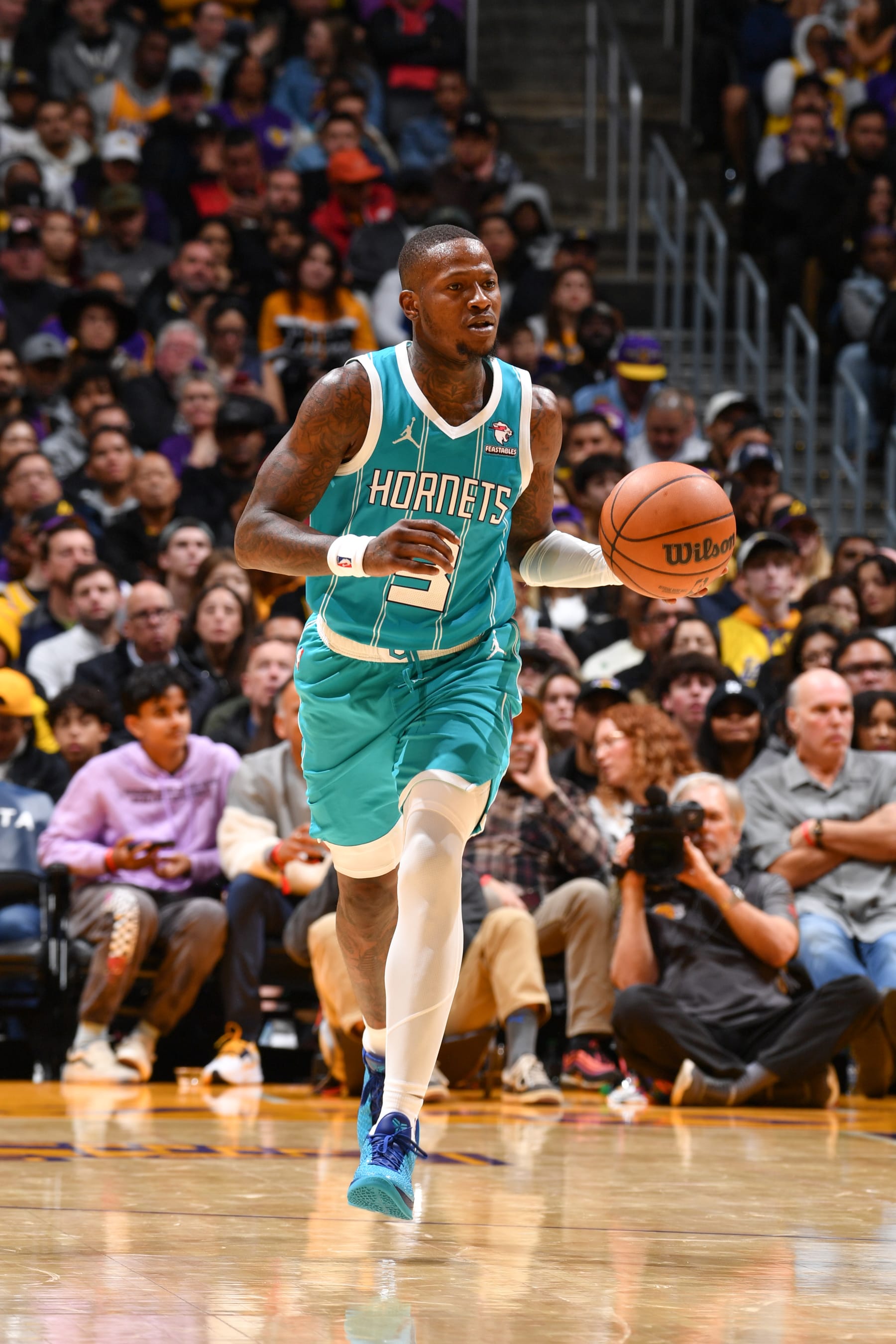 LOS ANGELES, CA - DECEMBER 28:  Terry Rozier #3 of the Charlotte Hornets handles the ball during the game  on December 28, 2023 at Crypto.Com Arena in Los Angeles, California. NOTE TO USER: User expressly acknowledges and agrees that, by downloading and/or using this Photograph, user is consenting to the terms and conditions of the Getty Images License Agreement. Mandatory Copyright Notice: Copyright 2023 NBAE (Photo by Juan Ocampo/NBAE via Getty Images)
