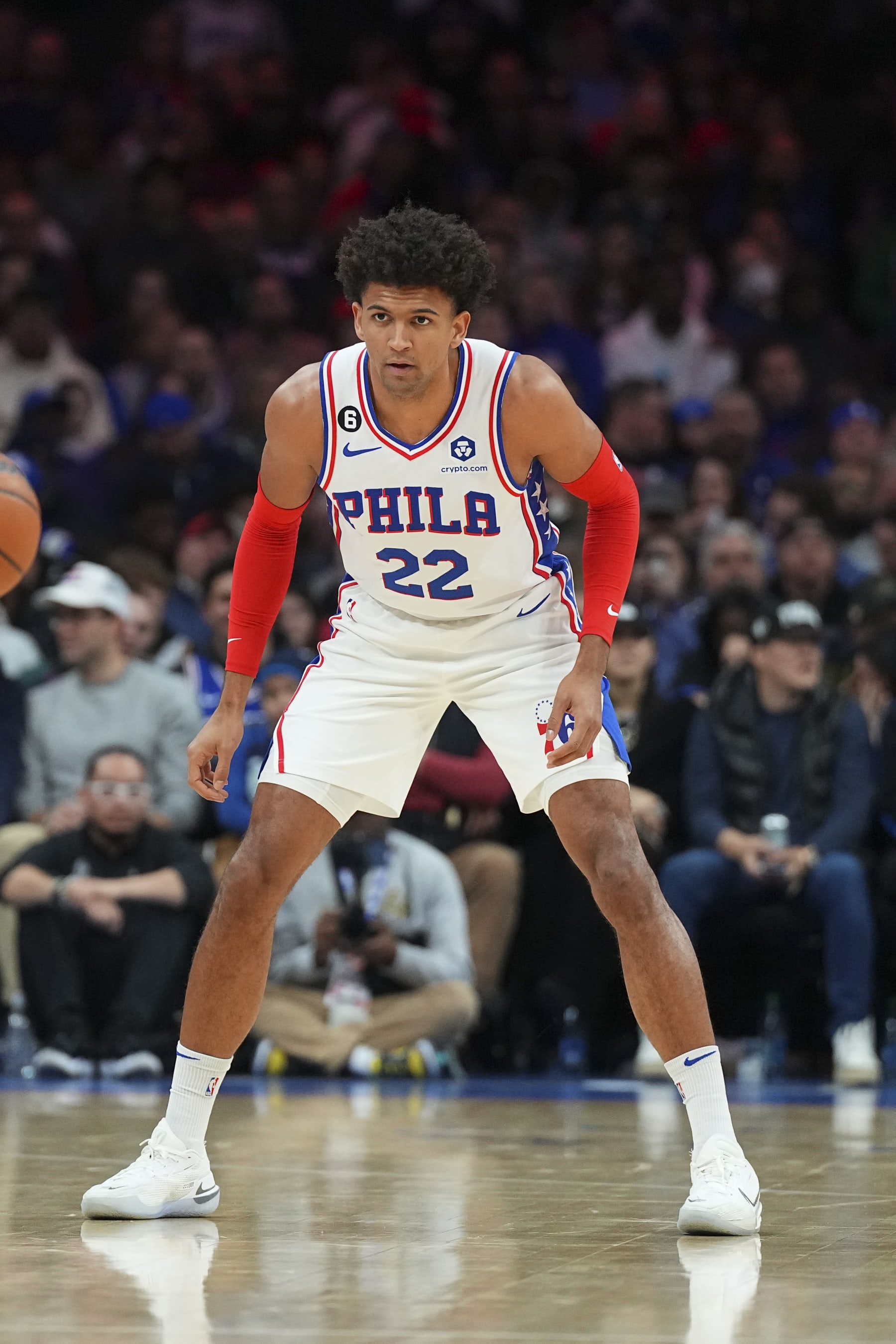 PHILADELPHIA, PA - JANUARY 28: Matisse Thybulle #22 of the Philadelphia 76ers in action against the Denver Nuggets at the Wells Fargo Center on January 28, 2023 in Philadelphia, Pennsylvania. NOTE TO USER: User expressly acknowledges and agrees that, by downloading and or using this photograph, User is consenting to the terms and conditions of the Getty Images License Agreement. (Photo by Mitchell Leff/Getty Images)