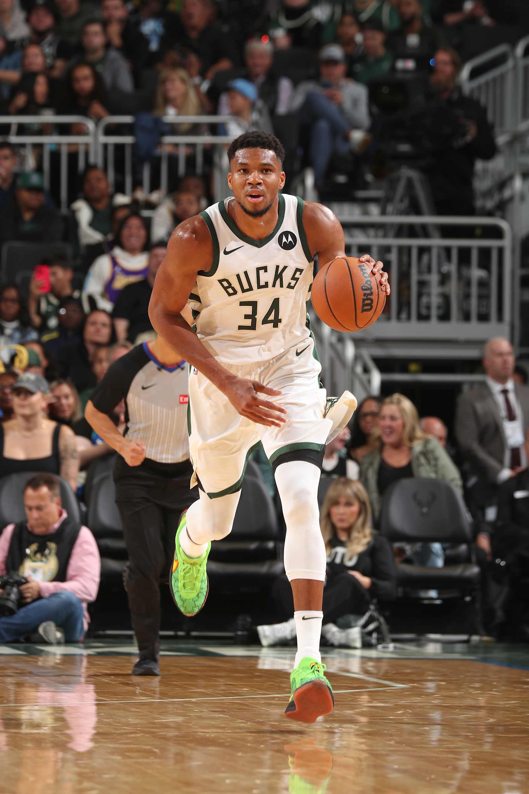 MILWAUKEE, WI - OCTOBER 10: Giannis Antetokounmpo #34 of the Milwaukee Bucks dribbles the ball during the game against the Los Angeles Lakers during a preseason game on October 10, 2024 at Fiserv Forum Center in Milwaukee, Wisconsin. NOTE TO USER: User expressly acknowledges and agrees that, by downloading and or using this Photograph, user is consenting to the terms and conditions of the Getty Images License Agreement. Mandatory Copyright Notice: Copyright 2024 NBAE (Photo by Gary Dineen/NBAE via Getty Images).