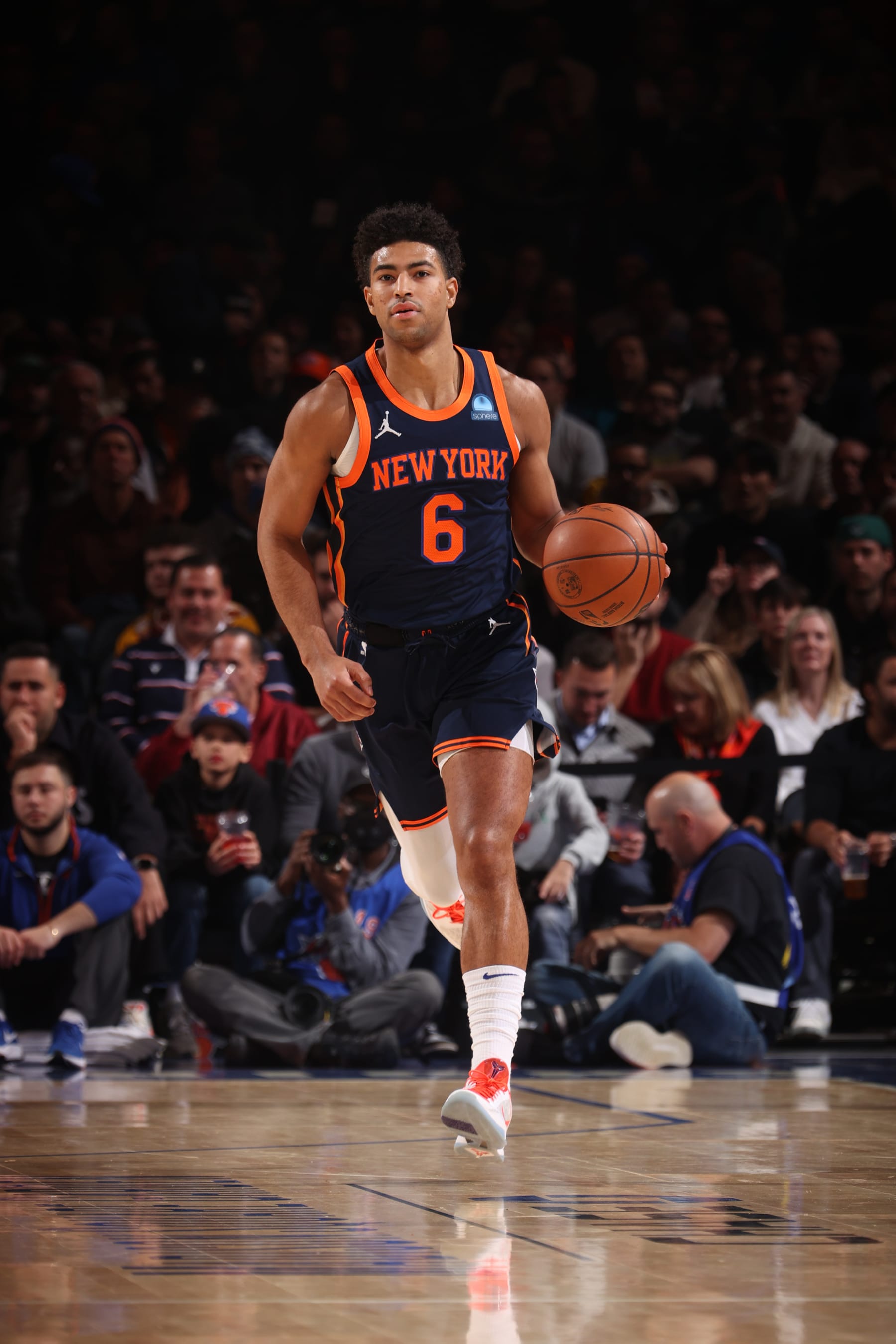 NEW YORK, NY - NOVEMBER 1: Quentin Grimes #6 of the New York Knicks dribbles the ball during the game against the Cleveland Cavaliers on November 1, 2023 at Madison Square Garden in New York City, New York.  NOTE TO USER: User expressly acknowledges and agrees that, by downloading and or using this photograph, User is consenting to the terms and conditions of the Getty Images License Agreement. Mandatory Copyright Notice: Copyright 2023 NBAE  (Photo by Nathaniel S. Butler/NBAE via Getty Images)