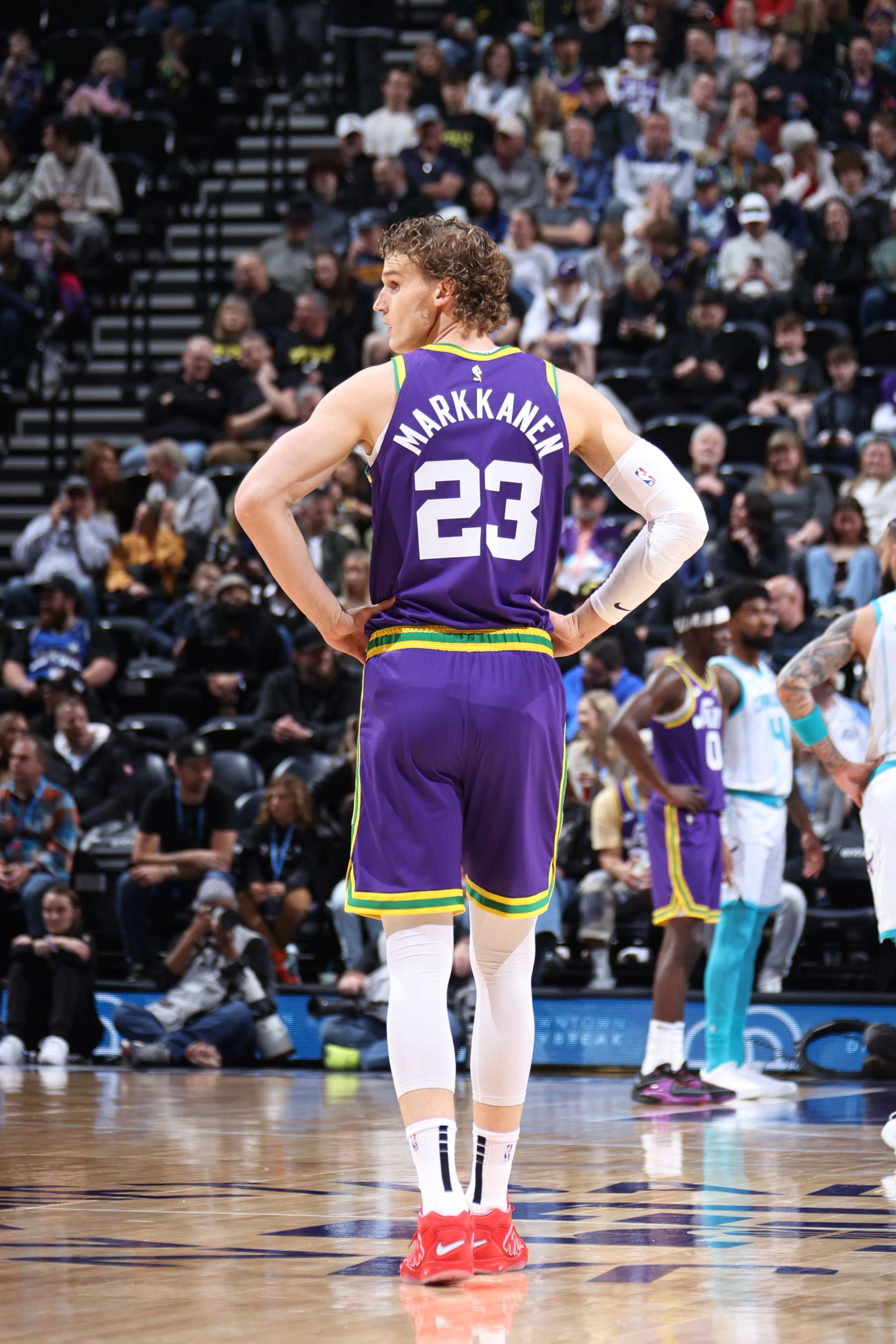 SALT LAKE CITY, UT - FEBRUARY 22: Lauri Markkanen #23 of the Utah Jazz looks on during the game against the Charlotte Hornets on February 22, 2024 at Delta Center in Salt Lake City, Utah. NOTE TO USER: User expressly acknowledges and agrees that, by downloading and or using this Photograph, User is consenting to the terms and conditions of the Getty Images License Agreement. Mandatory Copyright Notice: Copyright 2024 NBAE (Photo by Melissa Majchrzak/NBAE via Getty Images)