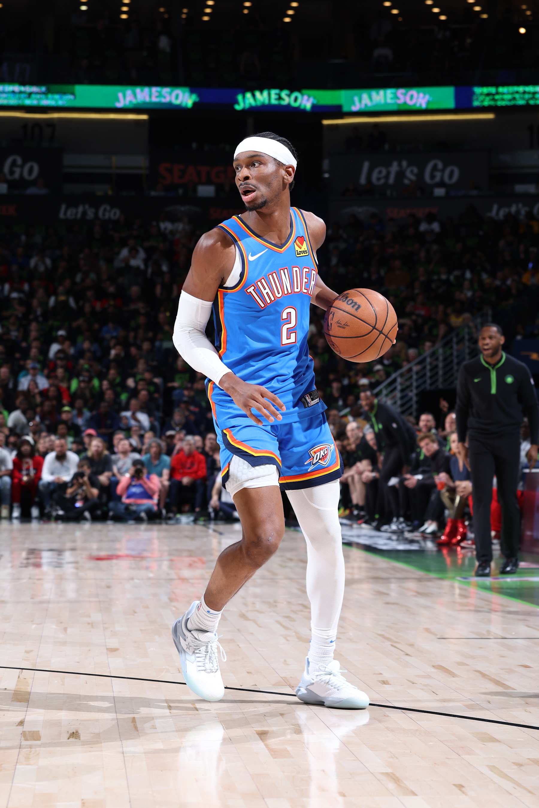 NEW ORLEANS, LA - APRIL 29: Shai Gilgeous-Alexander #2 of the Oklahoma City Thunder handles the ball during the game against the New Orleans Pelicans during Round 1 Game 4 of the 2024 NBA Playoffs on April 29, 2024 at the Smoothie King Center in New Orleans, Louisiana. NOTE TO USER: User expressly acknowledges and agrees that, by downloading and or using this Photograph, user is consenting to the terms and conditions of the Getty Images License Agreement. Mandatory Copyright Notice: Copyright 2024 NBAE (Photo by Jeff Haynes/NBAE via Getty Images)