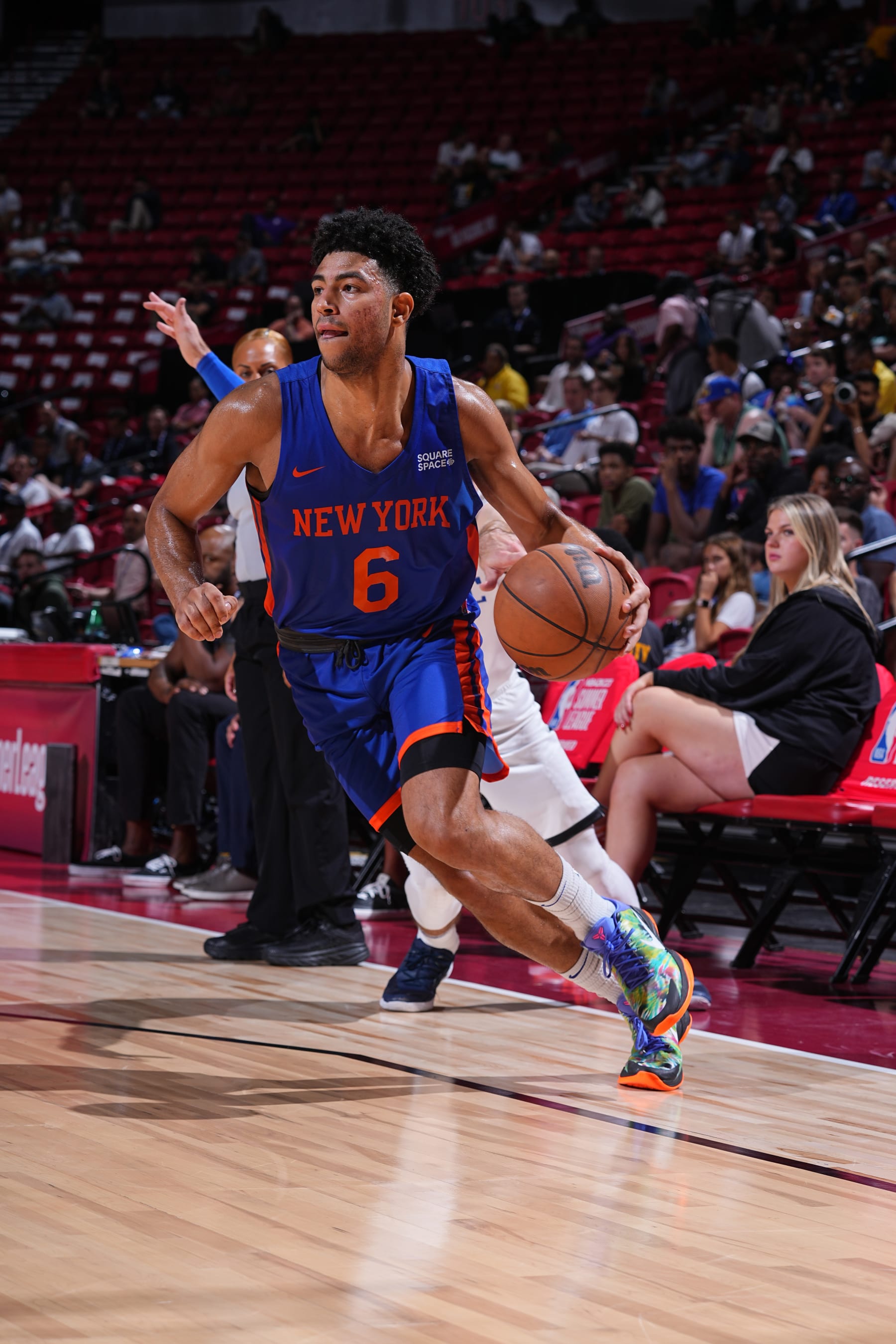LAS VEGAS, NV - JULY 14: Quentin Grimes #6 of the New York Knicks drives to the basket during the game against the Orlando Magic during the 2022 Las Vegas Summer League on July 14, 2022 at the Thomas & Mack Center in Las Vegas, Nevada NOTE TO USER: User expressly acknowledges and agrees that, by downloading and/or using this Photograph, user is consenting to the terms and conditions of the Getty Images License Agreement. Mandatory Copyright Notice: Copyright 2022 NBAE (Photo by Bart Young/NBAE via Getty Images)