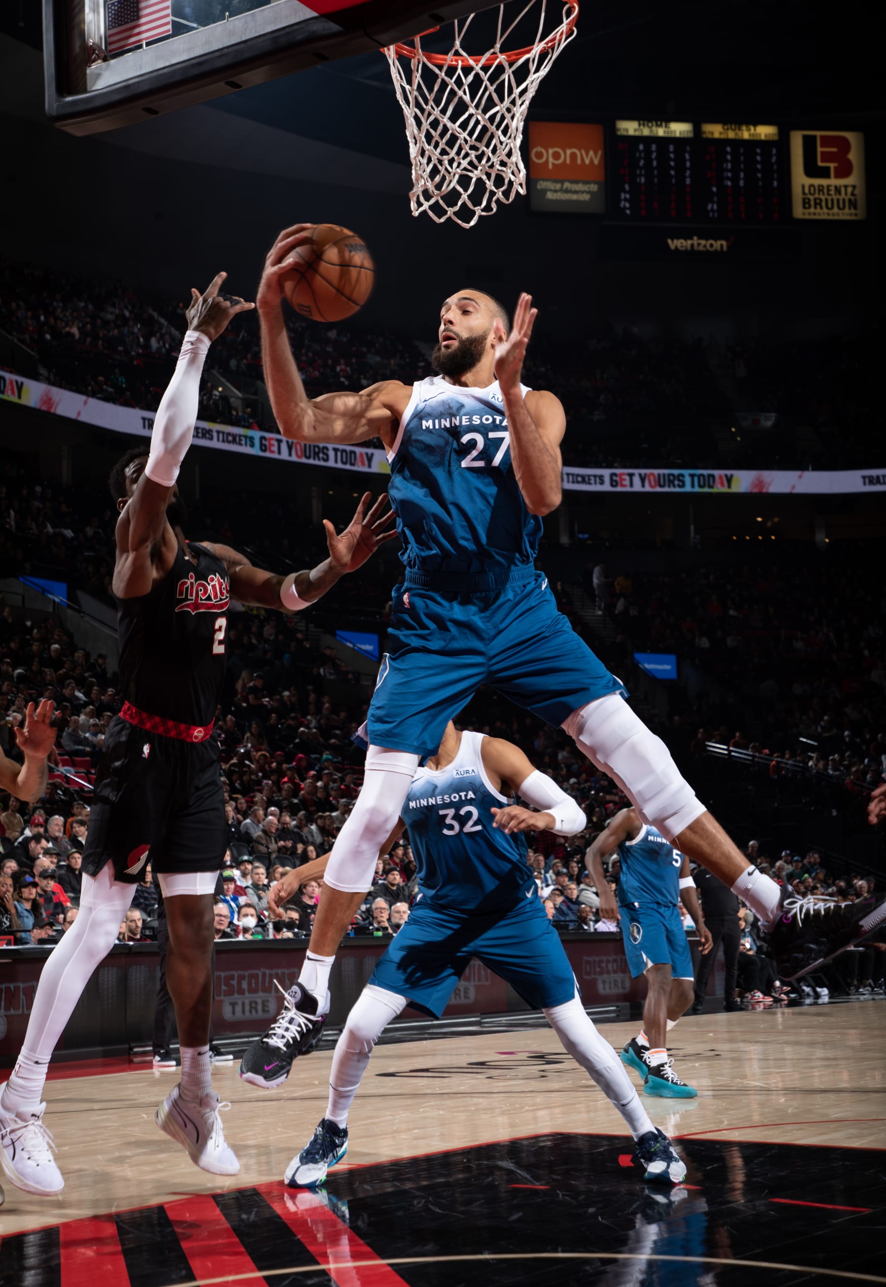 PORTLAND, OR - FEBRUARY 15: Rudy Gobert #27 of the Minnesota Timberwolves grabs a rebound during the game  against the Portland Trail Blazers on February 15, 2024 at the Moda Center Arena in Portland, Oregon. NOTE TO USER: User expressly acknowledges and agrees that, by downloading and or using this photograph, user is consenting to the terms and conditions of the Getty Images License Agreement. Mandatory Copyright Notice: Copyright 2024 NBAE (Photo by Cameron Browne/NBAE via Getty Images)