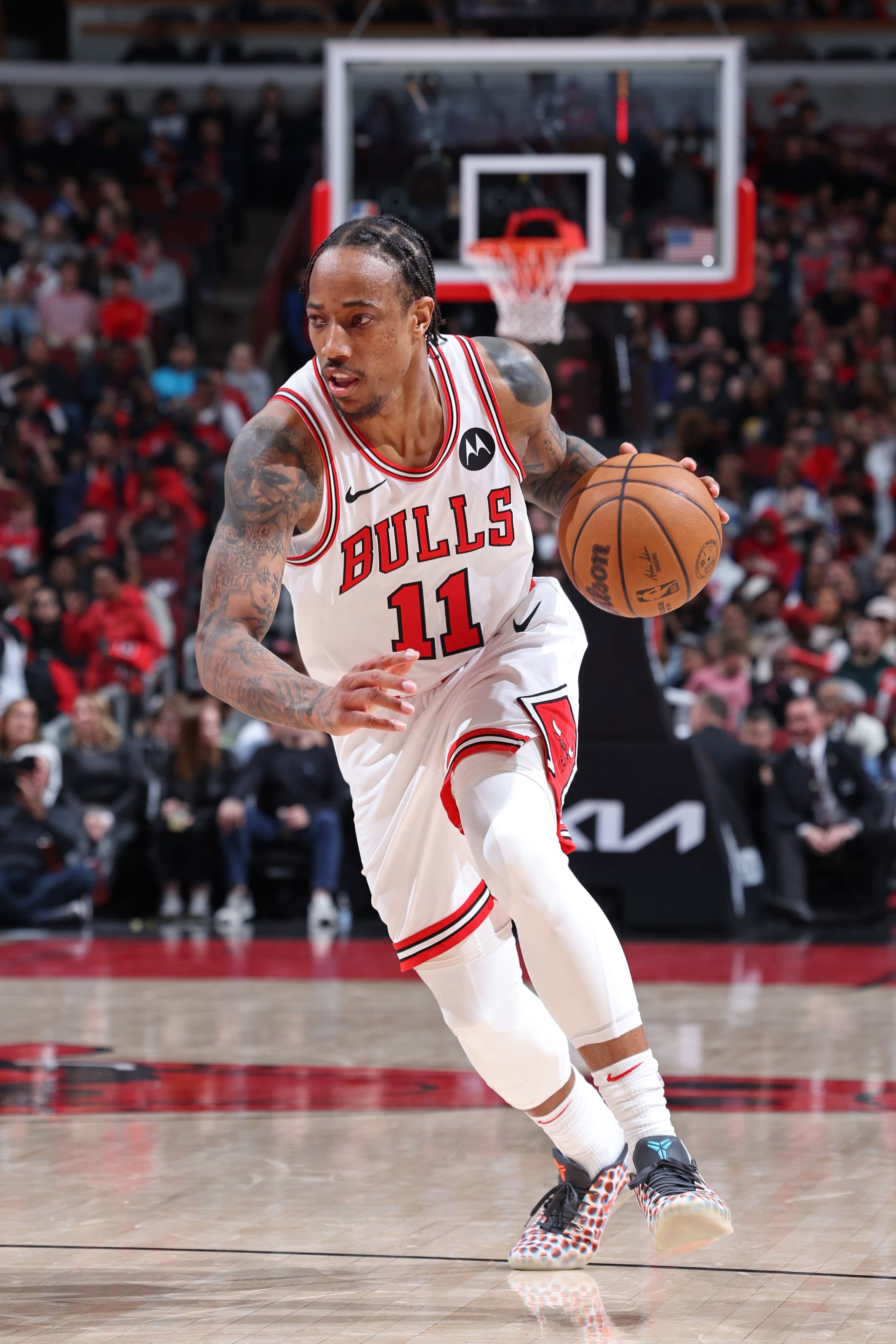 CHICAGO, IL - APRIL 9: DeMar DeRozan #11 of the Chicago Bulls handles the ball during the game against the New York Knicks on April 9, 2024 at United Center in Chicago, Illinois. NOTE TO USER: User expressly acknowledges and agrees that, by downloading and or using this photograph, User is consenting to the terms and conditions of the Getty Images License Agreement. Mandatory Copyright Notice: Copyright 2024 NBAE (Photo by Jeff Haynes/NBAE via Getty Images)