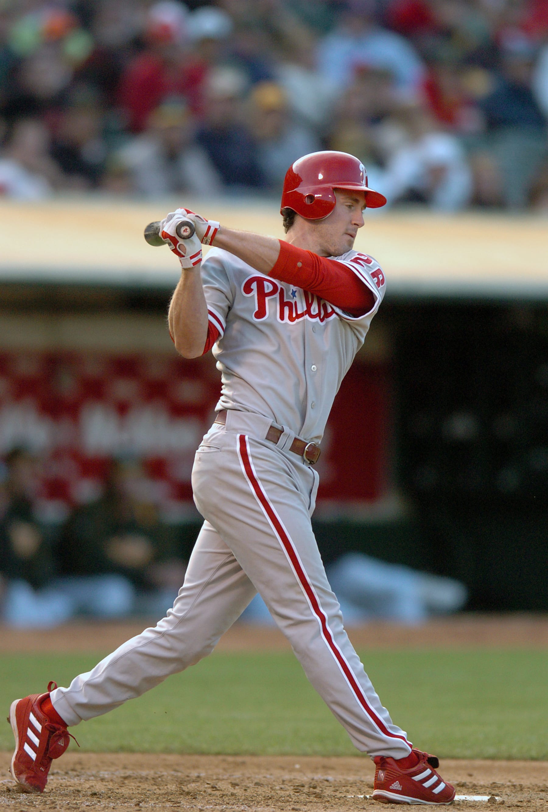OAKLAND, CA - JUNE 17:  Chase Utley #26 of the Philadelphia Phillies in bats against the Oakland Athletics during a Major League Baseball game on June 17, 2005 at the Oakland-Alameda County Coliseum in Oakland, California. Utley played for the Phillies from 2003-2015. (Photo by Focus on Sport/Getty Images)