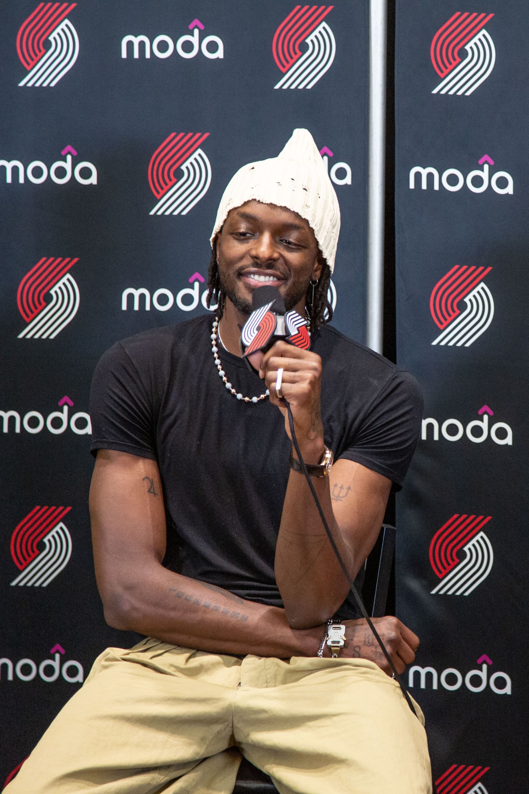 PORTLAND, OR - July 7: Jerami Grant talks to the media during the introductory press conference on July 7, 2022 in Portland, Oregon. NOTE TO USER: User expressly acknowledges and agrees that, by downloading and or using this photograph, user is consenting to the terms and conditions of the Getty Images License Agreement. Mandatory Copyright Notice: Copyright 2022 NBAE (Photo by Sam Forencich/NBAE via Getty Images)