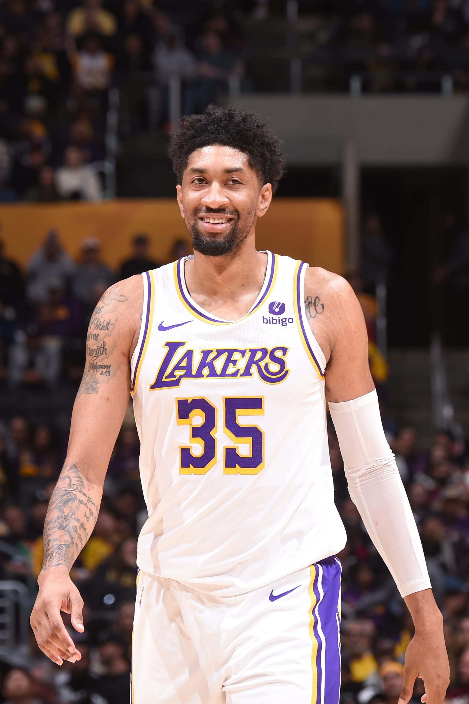 LOS ANGELES, CA - JANUARY 21: Christian Wood #35 of the Los Angeles Lakers look on during the game on January 21, 2024 at Crypto.Com Arena in Los Angeles, California. NOTE TO USER: User expressly acknowledges and agrees that, by downloading and/or using this Photograph, user is consenting to the terms and conditions of the Getty Images License Agreement. Mandatory Copyright Notice: Copyright 2024 NBAE (Photo by Juan Ocampo/NBAE via Getty Images) LOS ANGELES, CA - JANUARY 21: Christian Wood #35 of the Los Angeles Lakers look on during the game on January 21, 2024 at Crypto.Com Arena in Los Angeles, California. NOTE TO USER: User expressly acknowledges and agrees that, by downloading and/or using this Photograph, user is consenting to the terms and conditions of the Getty Images License Agreement. Mandatory Copyright Notice: Copyright 2024 NBAE (Photo by Juan Ocampo/NBAE via Getty Images)