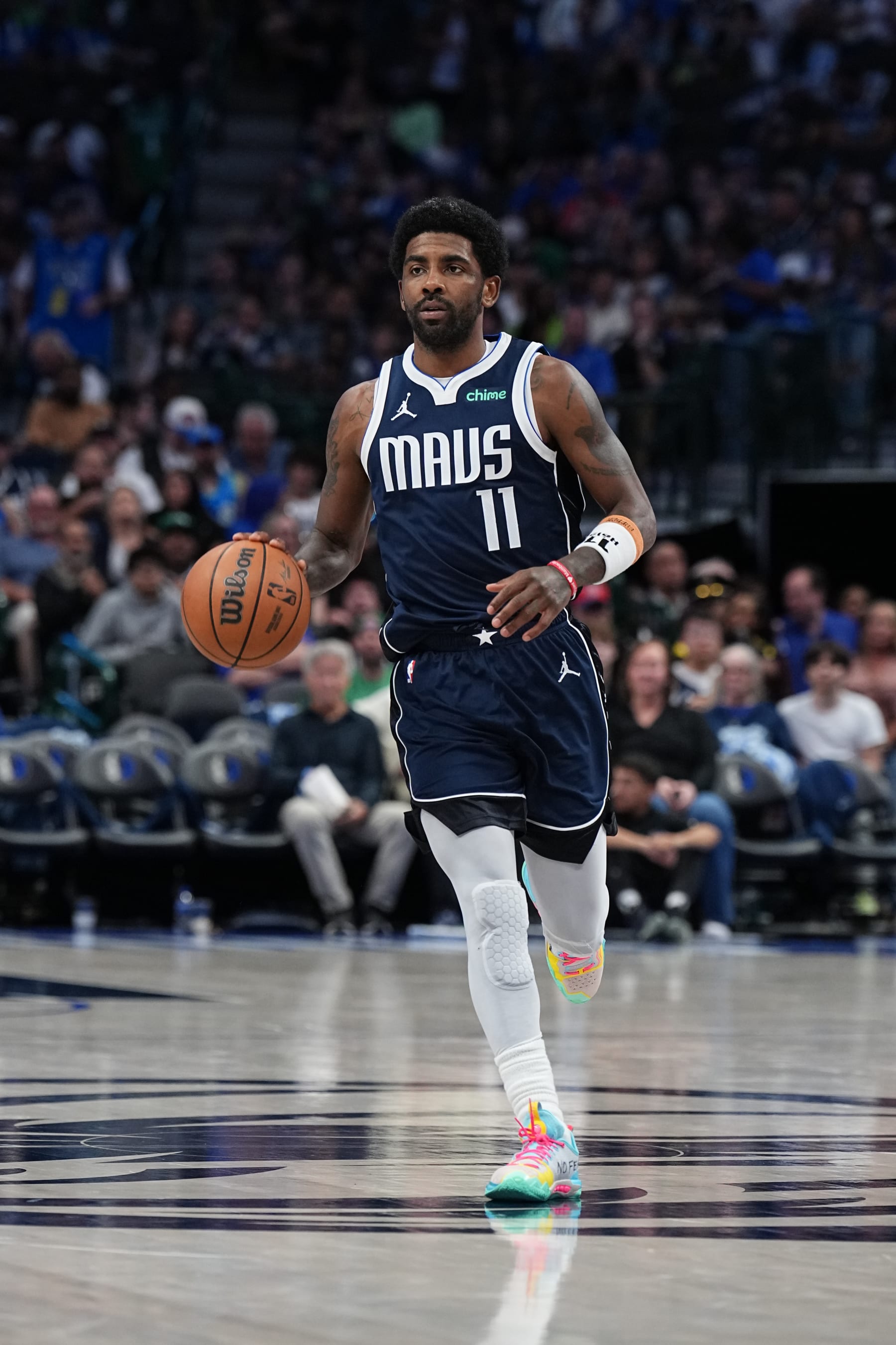 DALLAS, TX - OCTOBER 27: Kyrie Irving #11 of the Dallas Mavericks dribbles the ball during the game against the Brooklyn Nets on October 27, 2023 at the American Airlines Center in Dallas, Texas. NOTE TO USER: User expressly acknowledges and agrees that, by downloading and or using this photograph, User is consenting to the terms and conditions of the Getty Images License Agreement. Mandatory Copyright Notice: Copyright 2023 NBAE (Photo by Glenn James/NBAE via Getty Images)