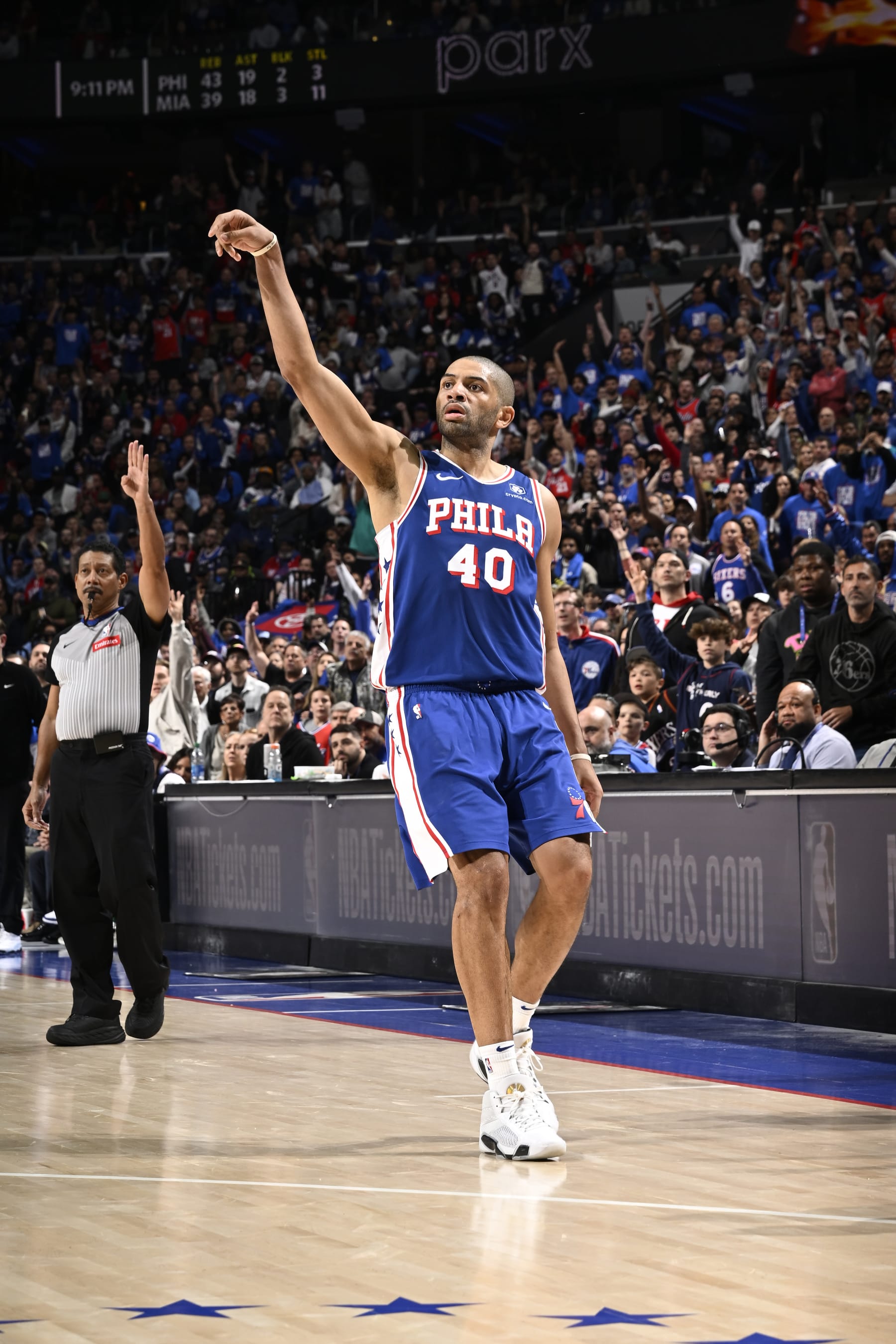 PHILADELPHIA, PA - APRIL 17:  Nicolas Batum #40 of the Philadelphia 76ers shoots a three point basket against the Miami Heat during the 2024 NBA Play-In Tournament on April 17, 2024 at the Wells Fargo Center in Philadelphia, Pennsylvania NOTE TO USER: User expressly acknowledges and agrees that, by downloading and/or using this Photograph, user is consenting to the terms and conditions of the Getty Images License Agreement. Mandatory Copyright Notice: Copyright 2024 NBAE (Photo by David Dow/NBAE via Getty Images)
