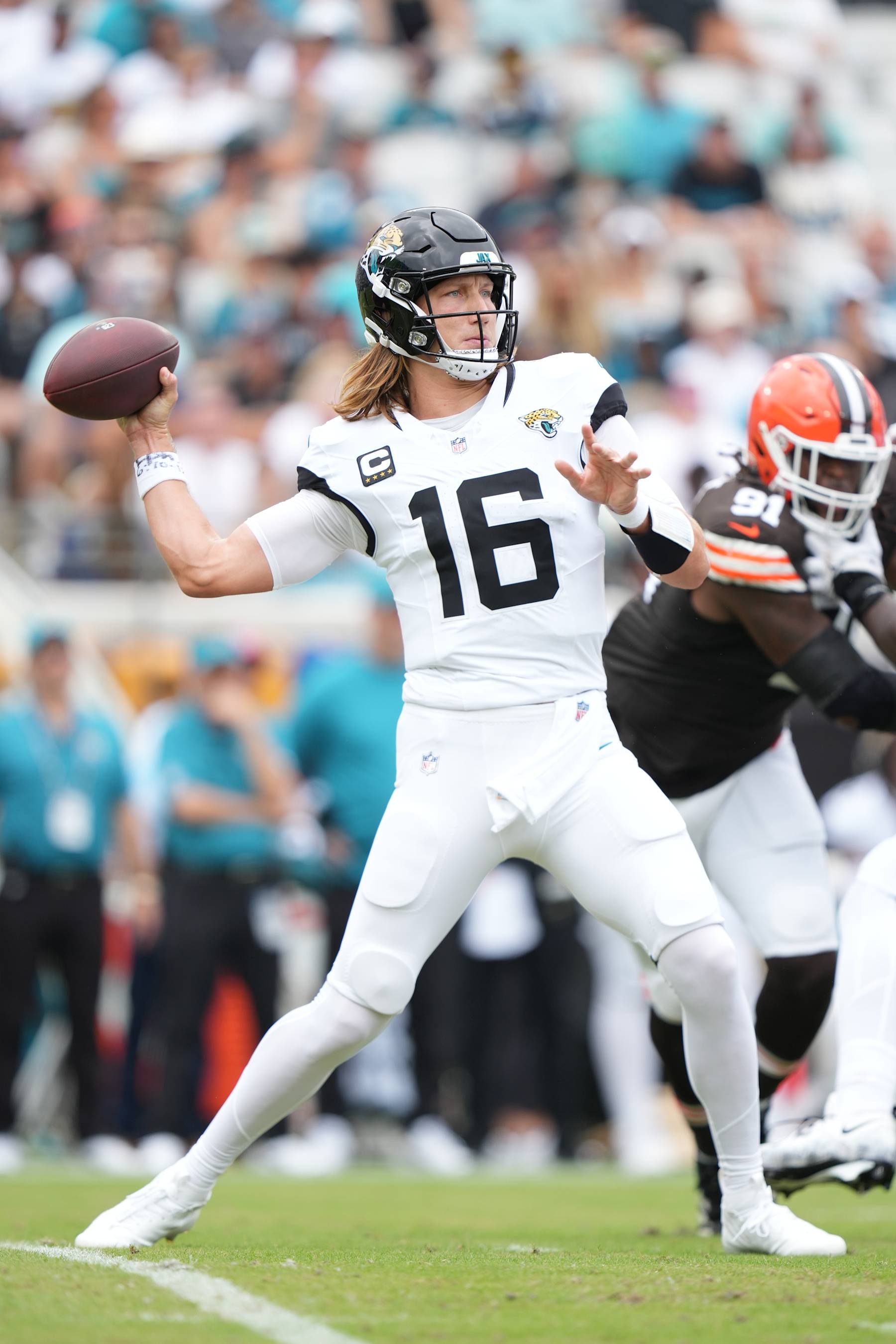JACKSONVILLE, FL - SEPTEMBER 15: Jacksonville Jaguars quarterback Trevor Lawrence (16) makes a pass attempt during the game between the Cleveland Browns and the Jacksonville Jaguars on Sunday, September 15, 2024 at TrEverBank Stadium in Jacksonville, Fla. (Photo by Peter Joneleit/Icon Sportswire via Getty Images)