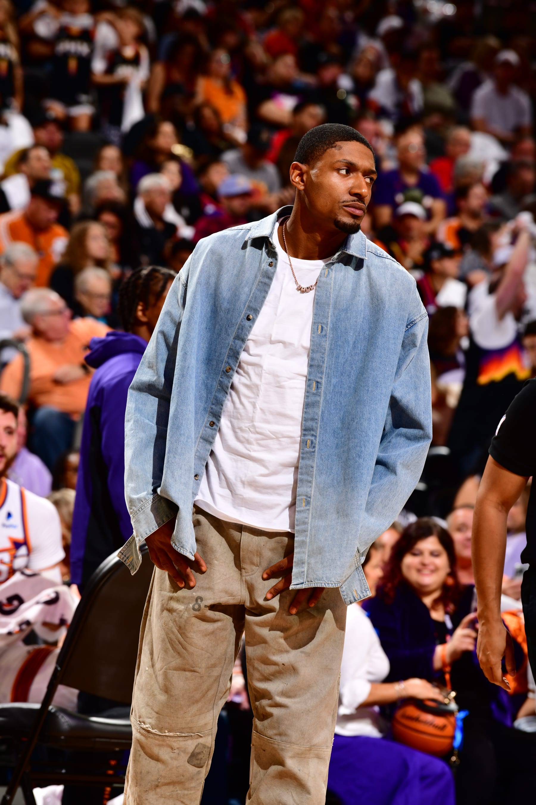 PHOENIX, AZ - OCTOBER 28: Bradley Beal #3 of the Phoenix Suns looks on during the game against the Utah Jazz on October 28, 2023 at Footprint Center in Phoenix, Arizona. NOTE TO USER: User expressly acknowledges and agrees that, by downloading and or using this photograph, user is consenting to the terms and conditions of the Getty Images License Agreement. Mandatory Copyright Notice: Copyright 2023 NBAE (Photo by Barry Gossage/NBAE via Getty Images)
