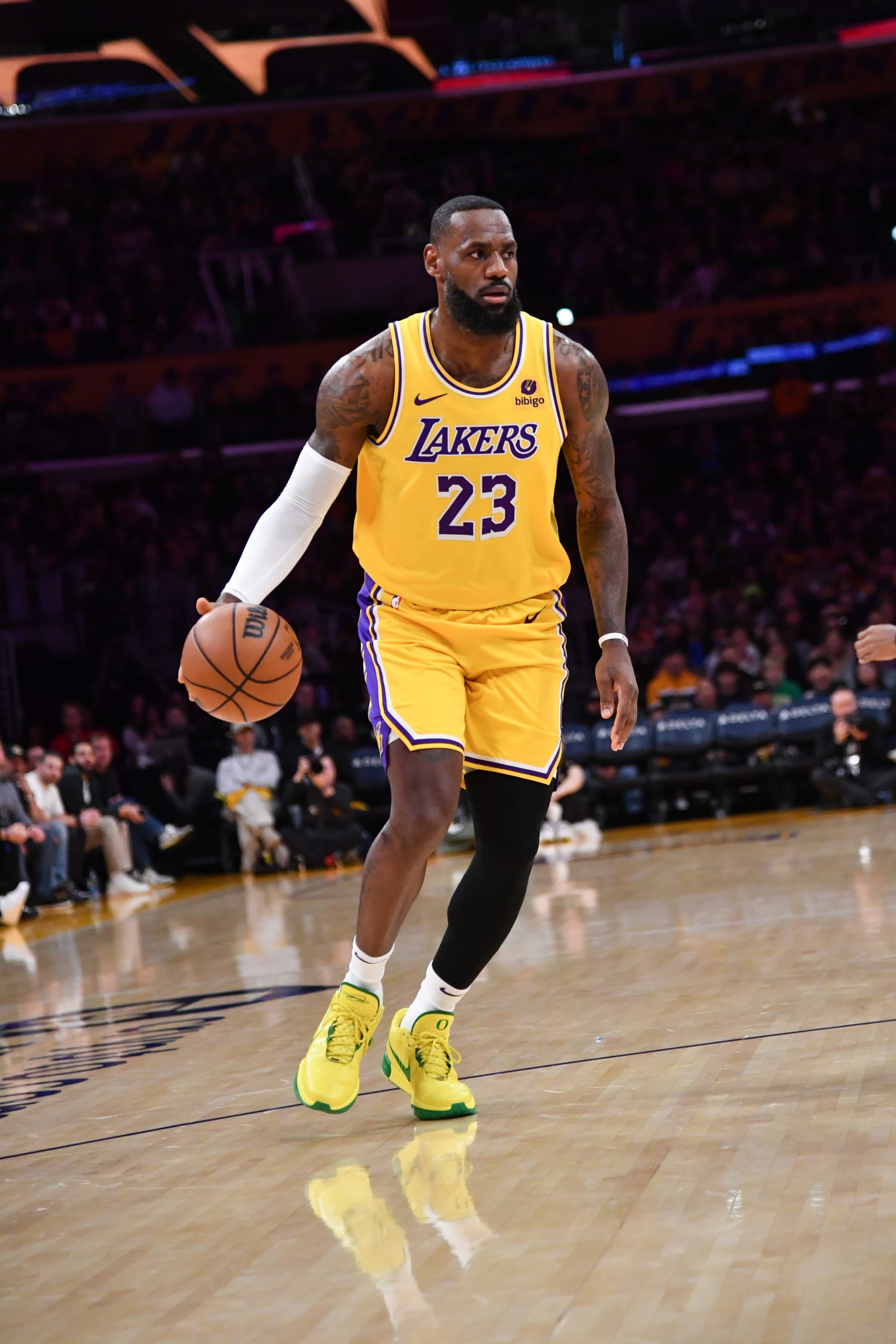 LOS ANGELES, CA - FEBRUARY 13:  LeBron James #23 of the Los Angeles Lakers handles the ball during the game  on February 13, 2024 at Crypto.Com Arena in Los Angeles, California. NOTE TO USER: User expressly acknowledges and agrees that, by downloading and/or using this Photograph, user is consenting to the terms and conditions of the Getty Images License Agreement. Mandatory Copyright Notice: Copyright 2024 NBAE (Photo by Juan OCampo/NBAE via Getty Images)